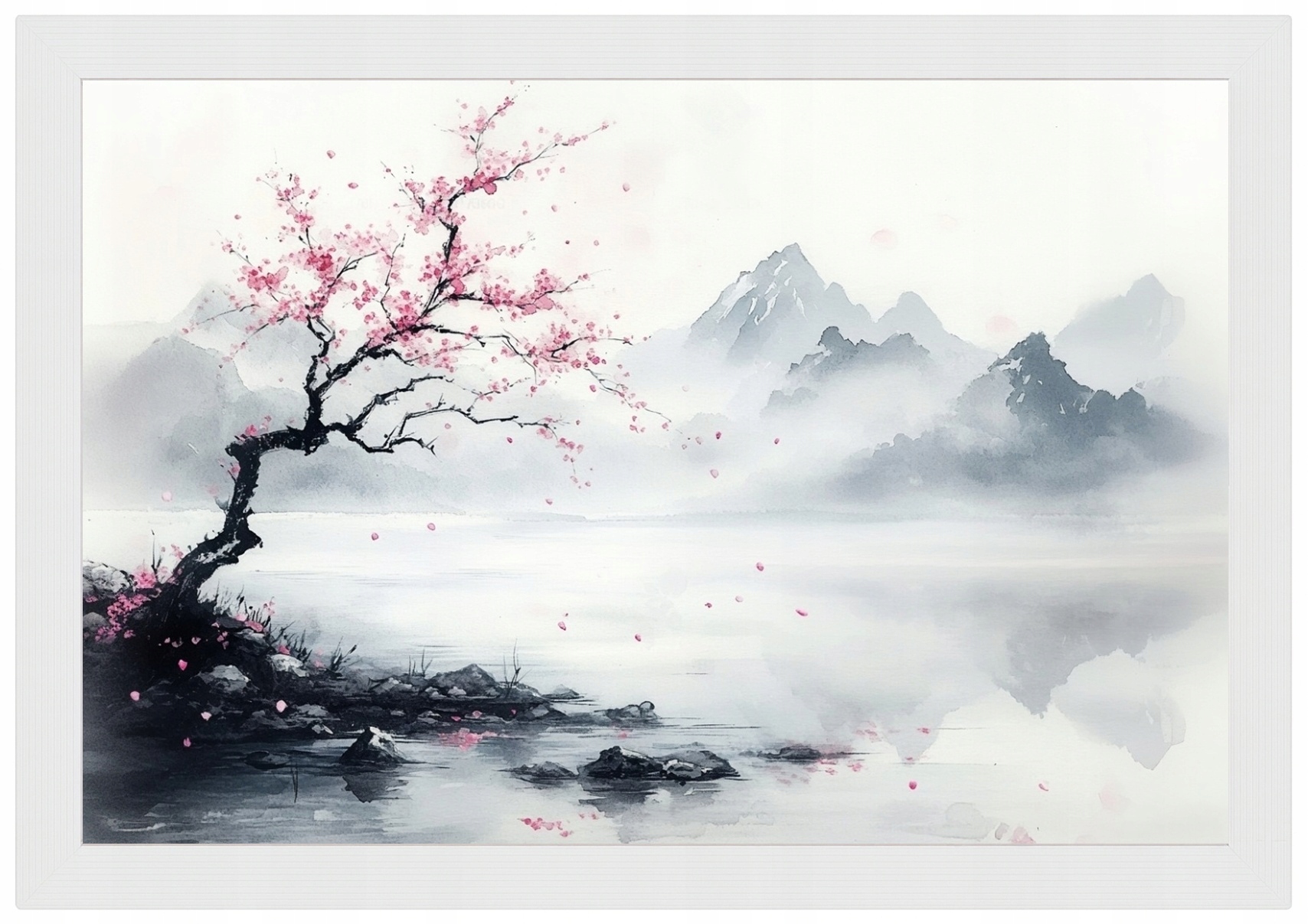 Plakát Rámeček Dřevo Grafika Asie Japonsko Jezero Višeň Sakura 60x40