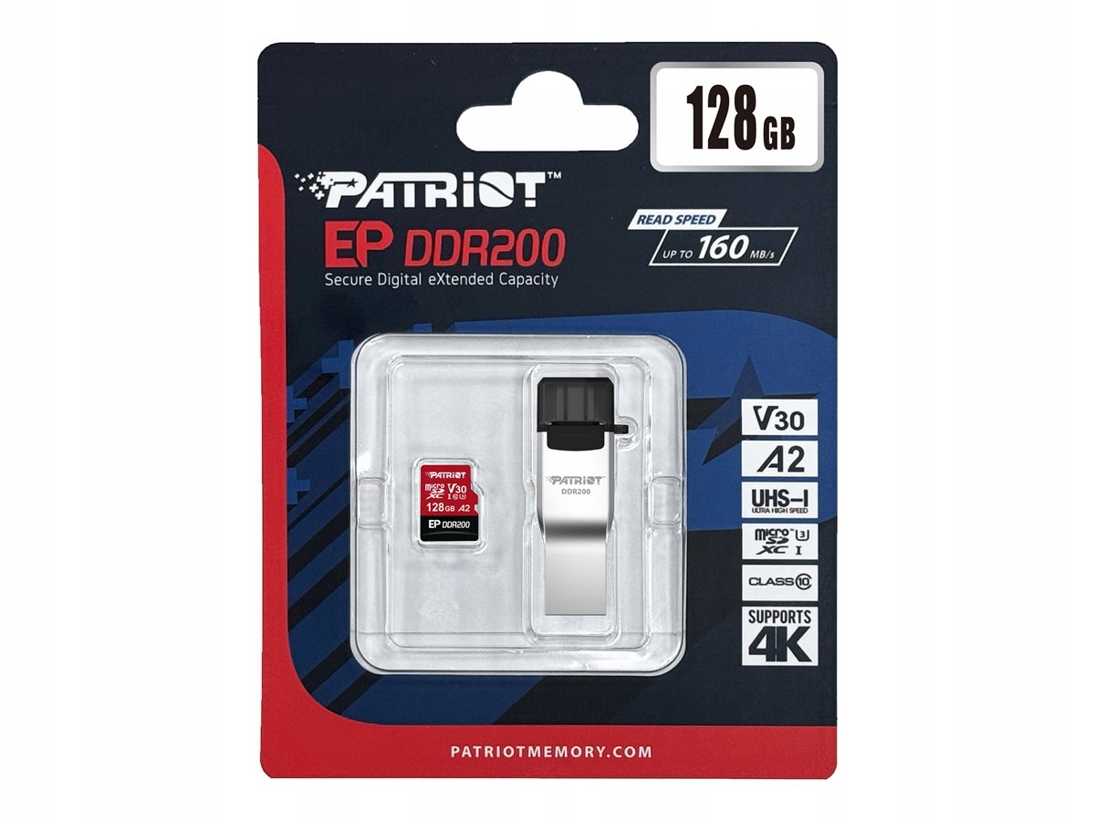 Patriot Ep DDR200 Micro Sdxc 128GB 160MB/s Uhs U3 V30 A2 karta+czytnik Usb