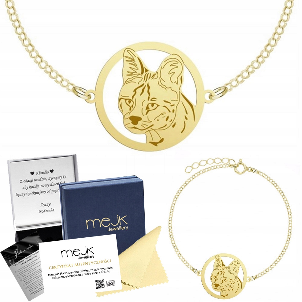 Zlatý náramek s kočkou Africký serval 925 Řetízek Šperky Gravírování