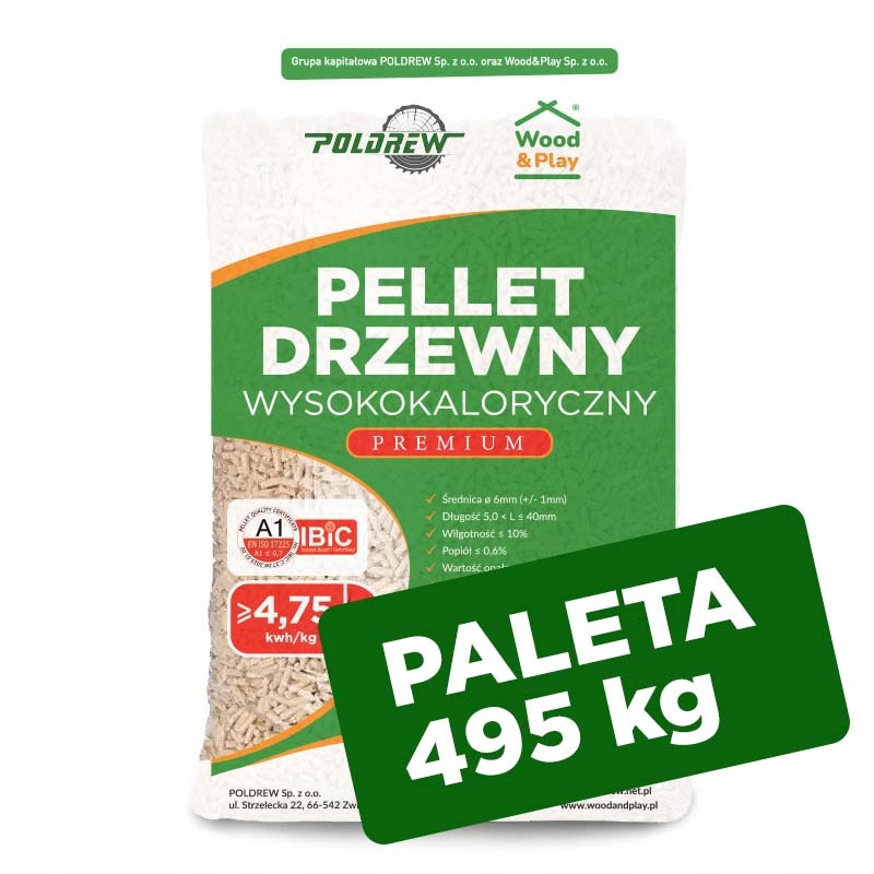 Pellet PALETA 495kg drzewny sosna wysokokaloryczny EN A1 6mm
