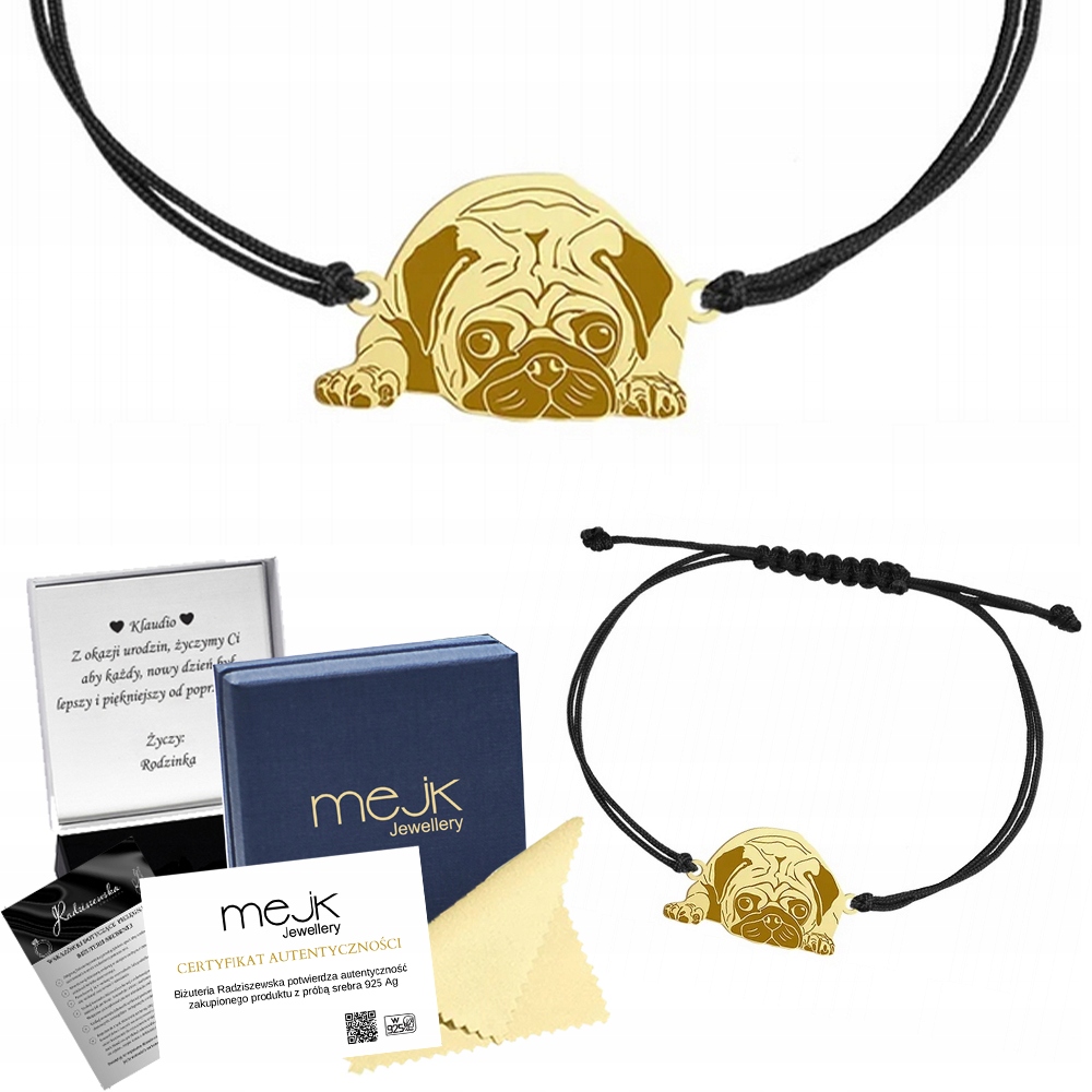 Zlatý náramek s mopsem 925 na provázku Šperky Dárek Gravírování