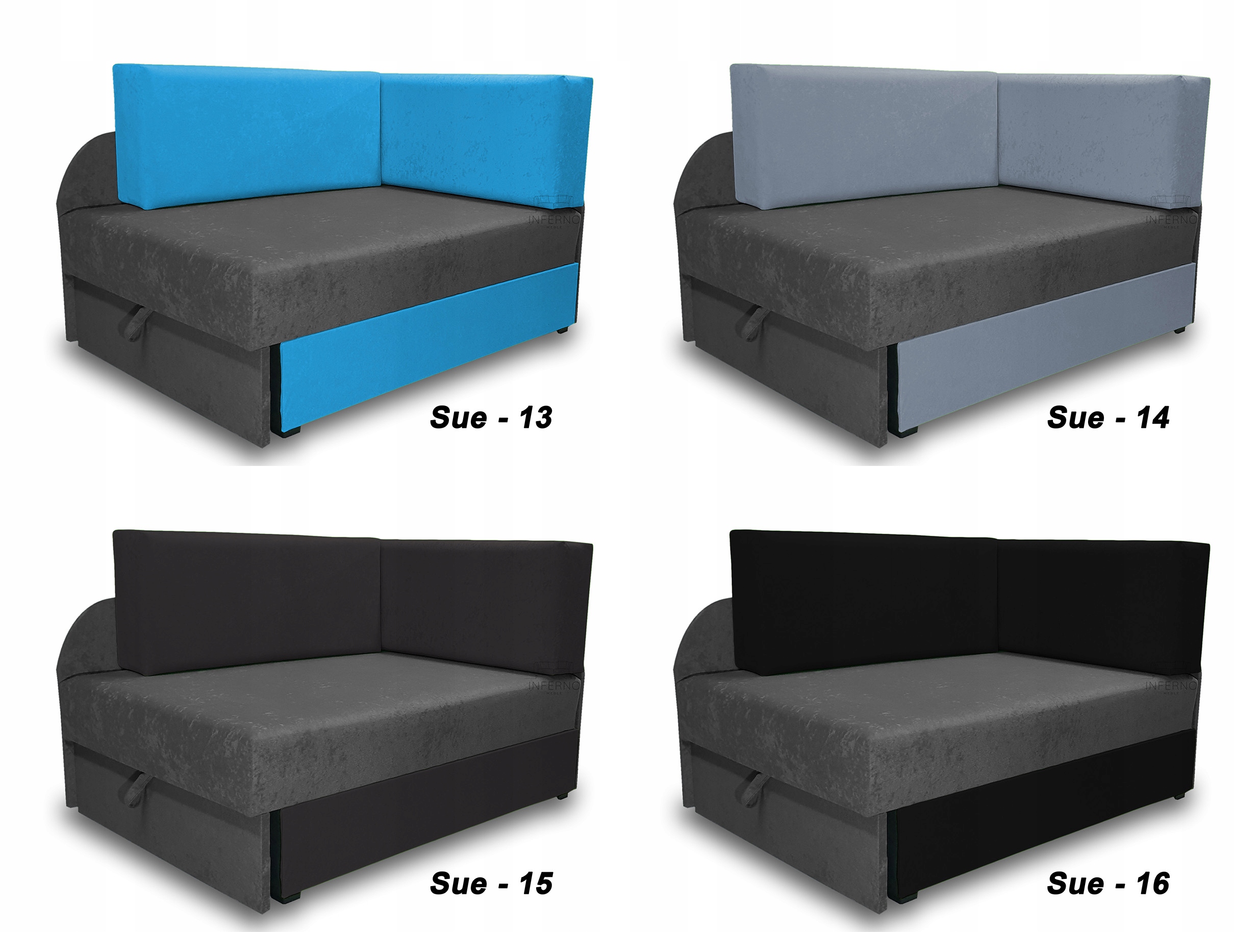 Wyjątkowe łóżko dziecięce w stylu narożnika Rozkładane z pojemnikiem, plusz Informacje dodatkowe funkcja spania luźne poduszki modułowe na niskich nóżkach pojemnik na pościel ze schowkiem z poduszkami na/jako oparcie