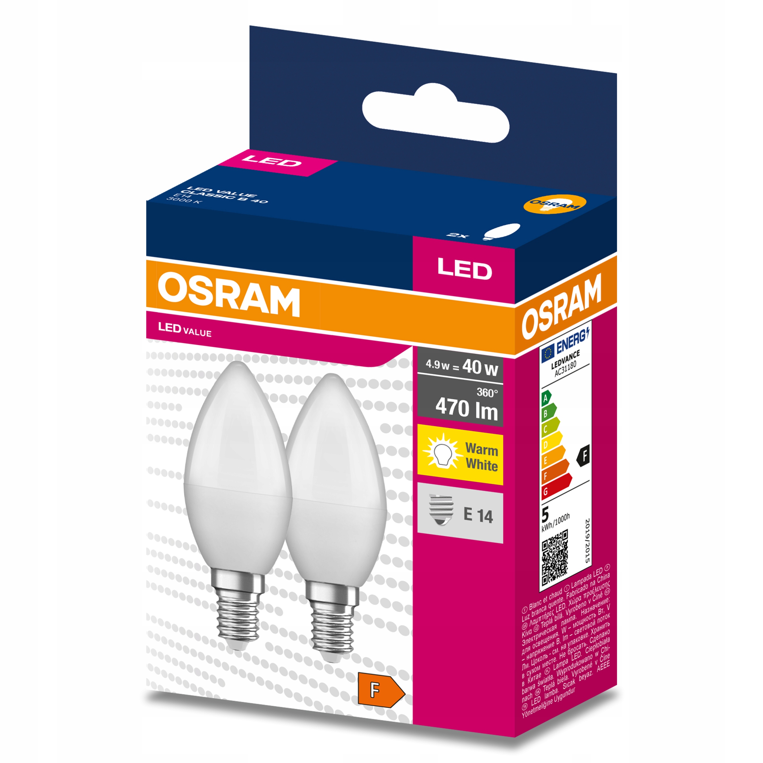 

2x Żarówka Led E14 Świeca 4,9W 40W 3000K Osram