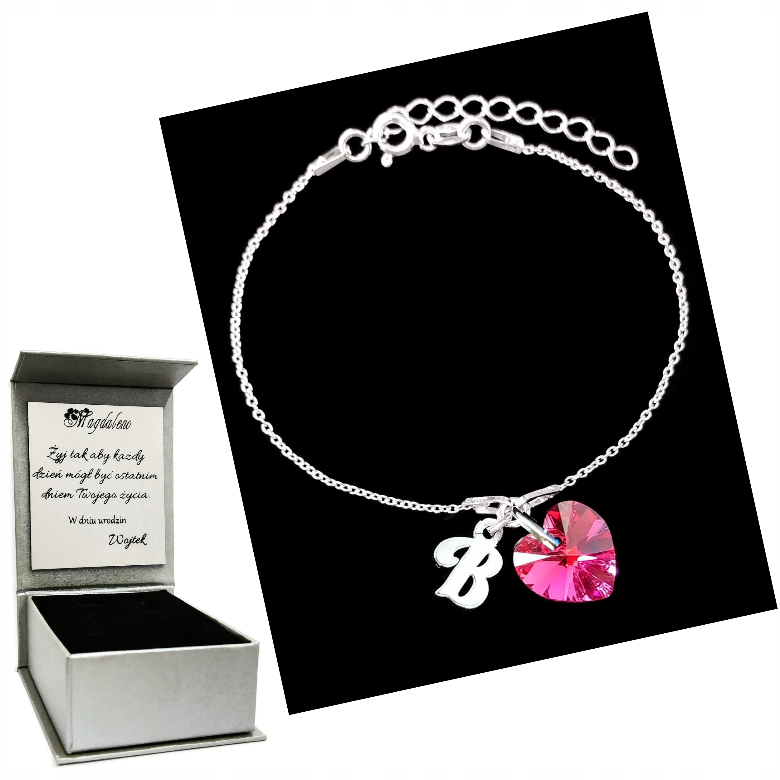 

Bransoletka Litera B Serce Swarovski Grawer Srebro