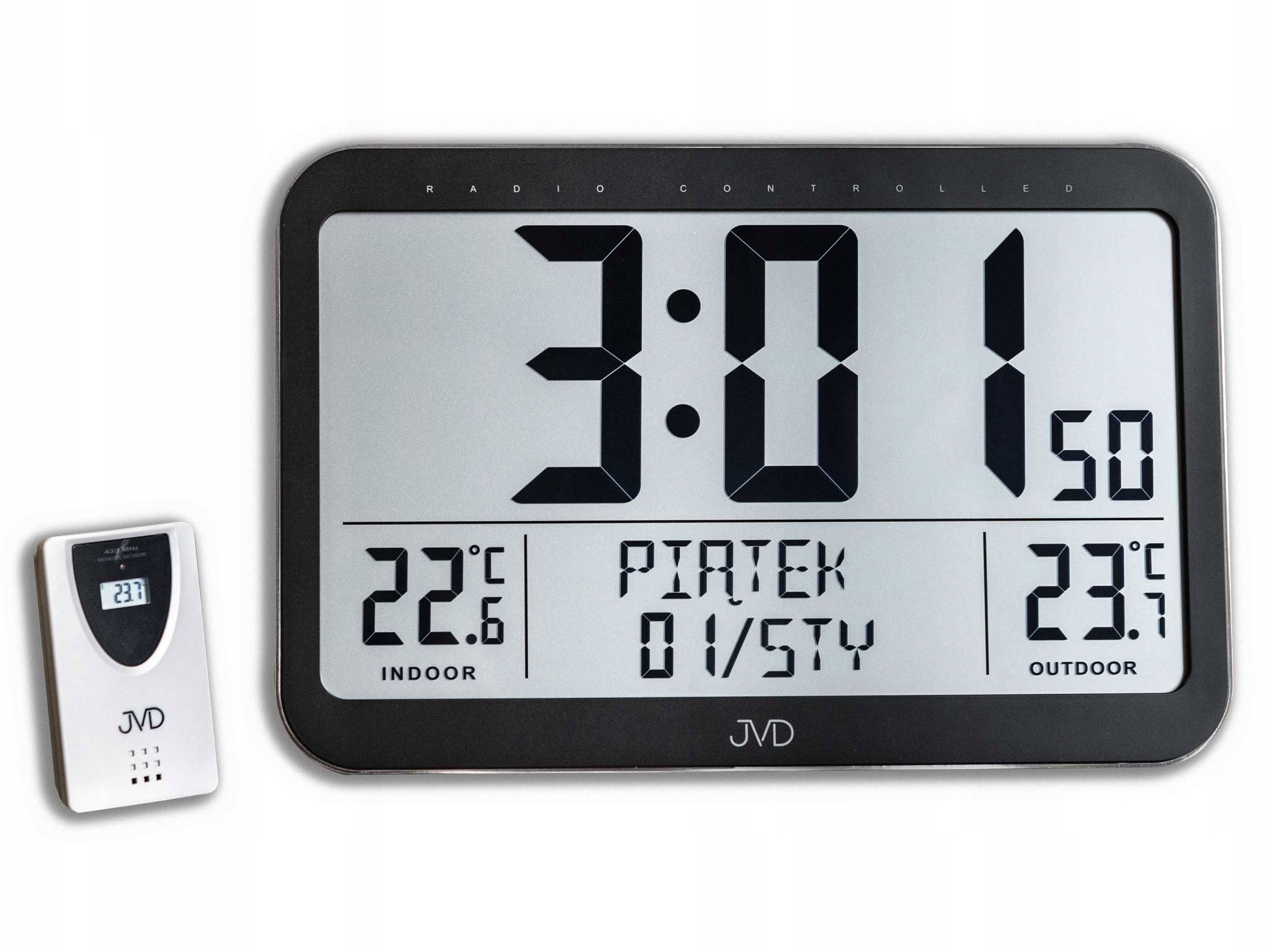 Budík Jvd RB9385 Čierny Alarm Teplomer Kalendár Vonkajšia Sonda Veľký