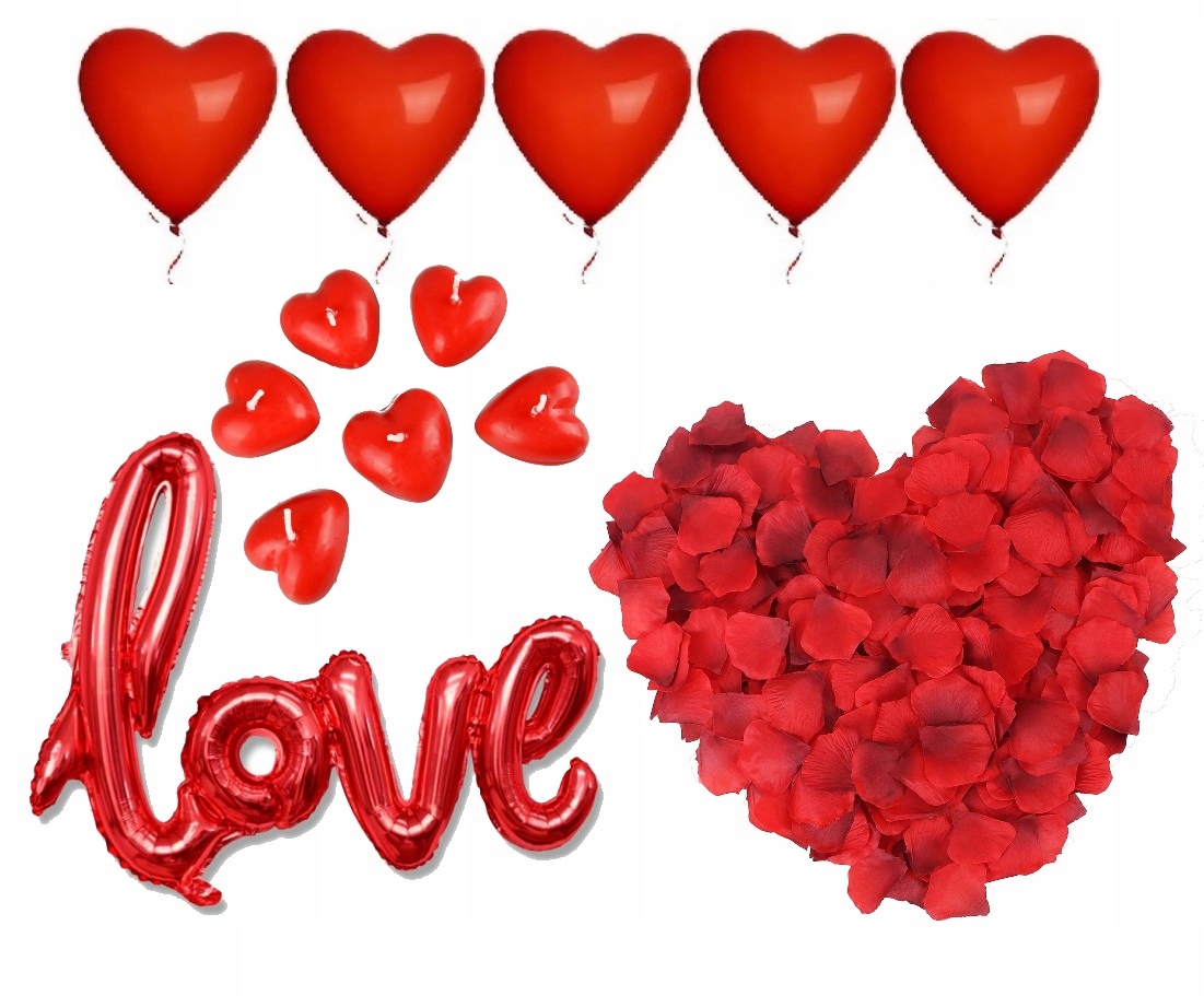 

Płatki róż świece balony serca Love na Walentynki