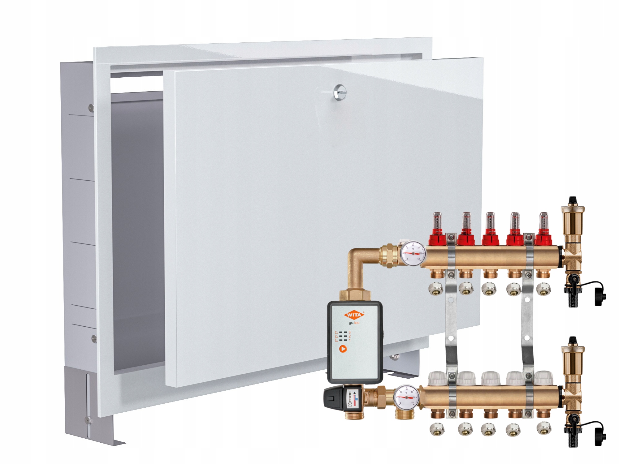 Mosazný Rozdělovač Podlahovky 5+ČERPADLO Vítá Go.tec+podomítková Skříňka+pex