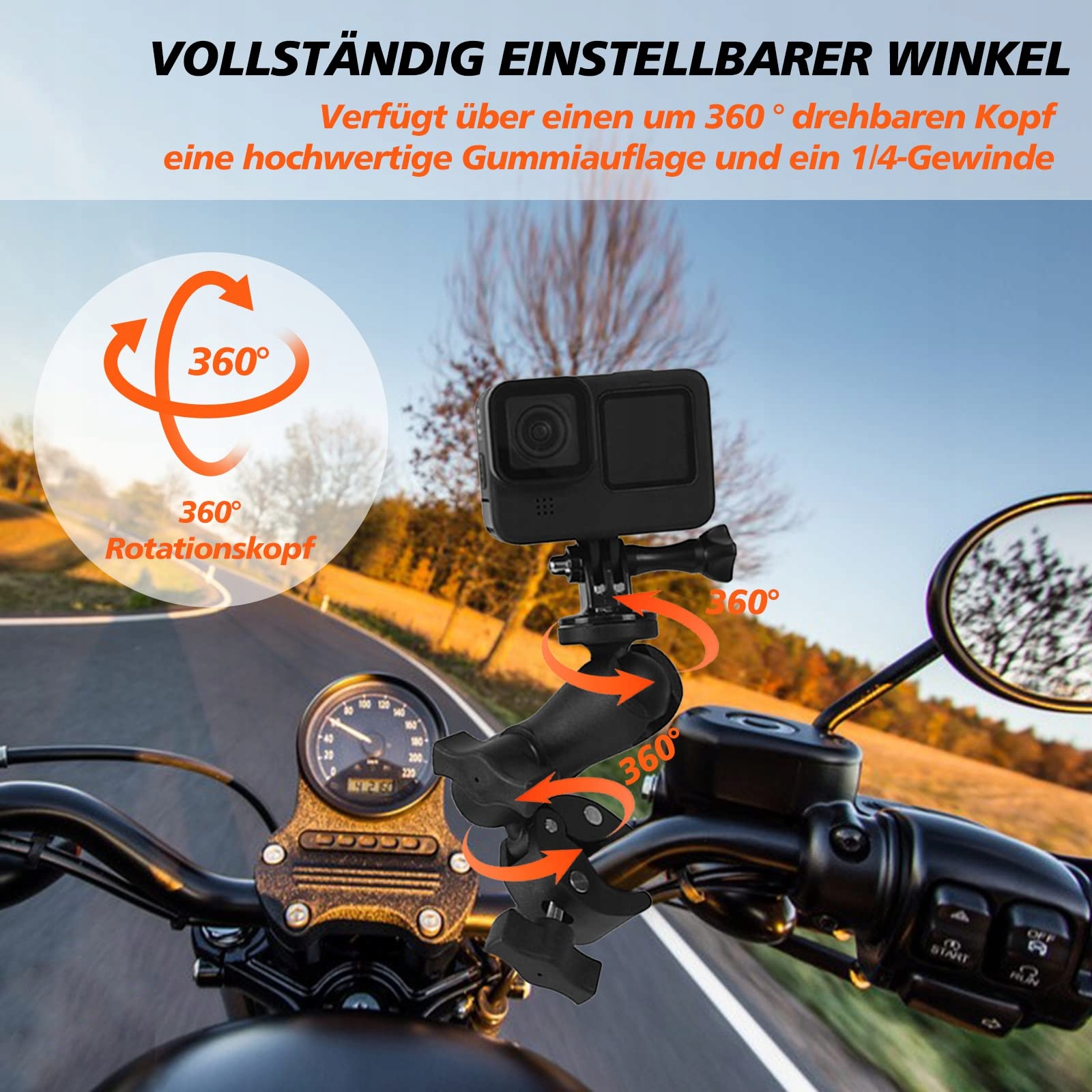 ZAKVOP Uchwyt Do Kamery Akcji Na Motocykl Rower 360° Do GoPro DJI Insta360 — miniatura 3