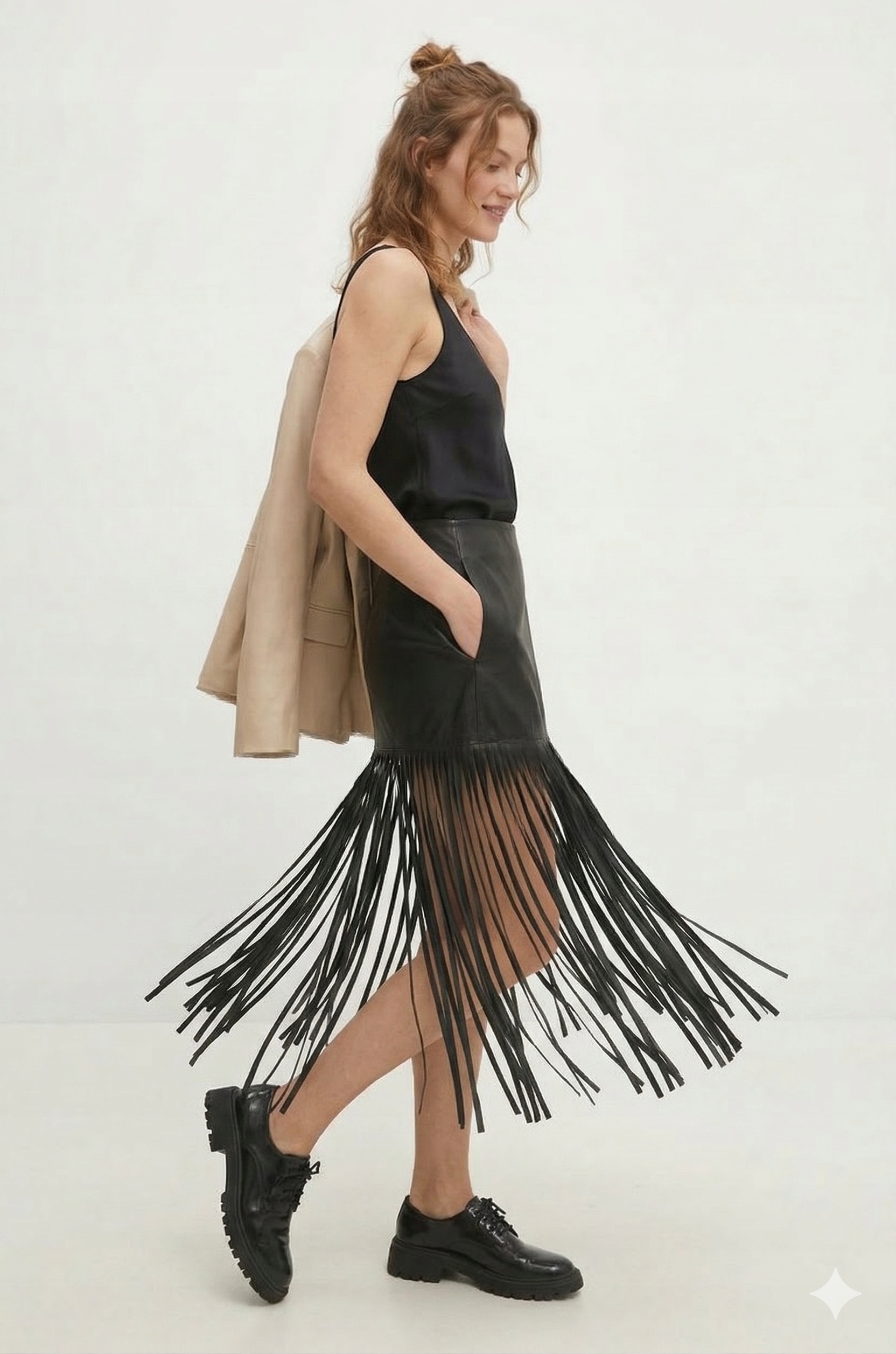 Černá Kožená Sukně S MIDI Střapci I3A