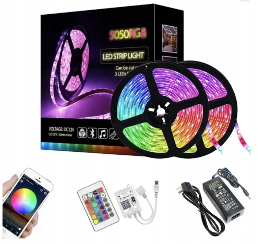 TAŚMA LED RGB 10M KOLOROWA WODOODPORNE LEDY PILOT BLUETOOTH PREMIUM 5050