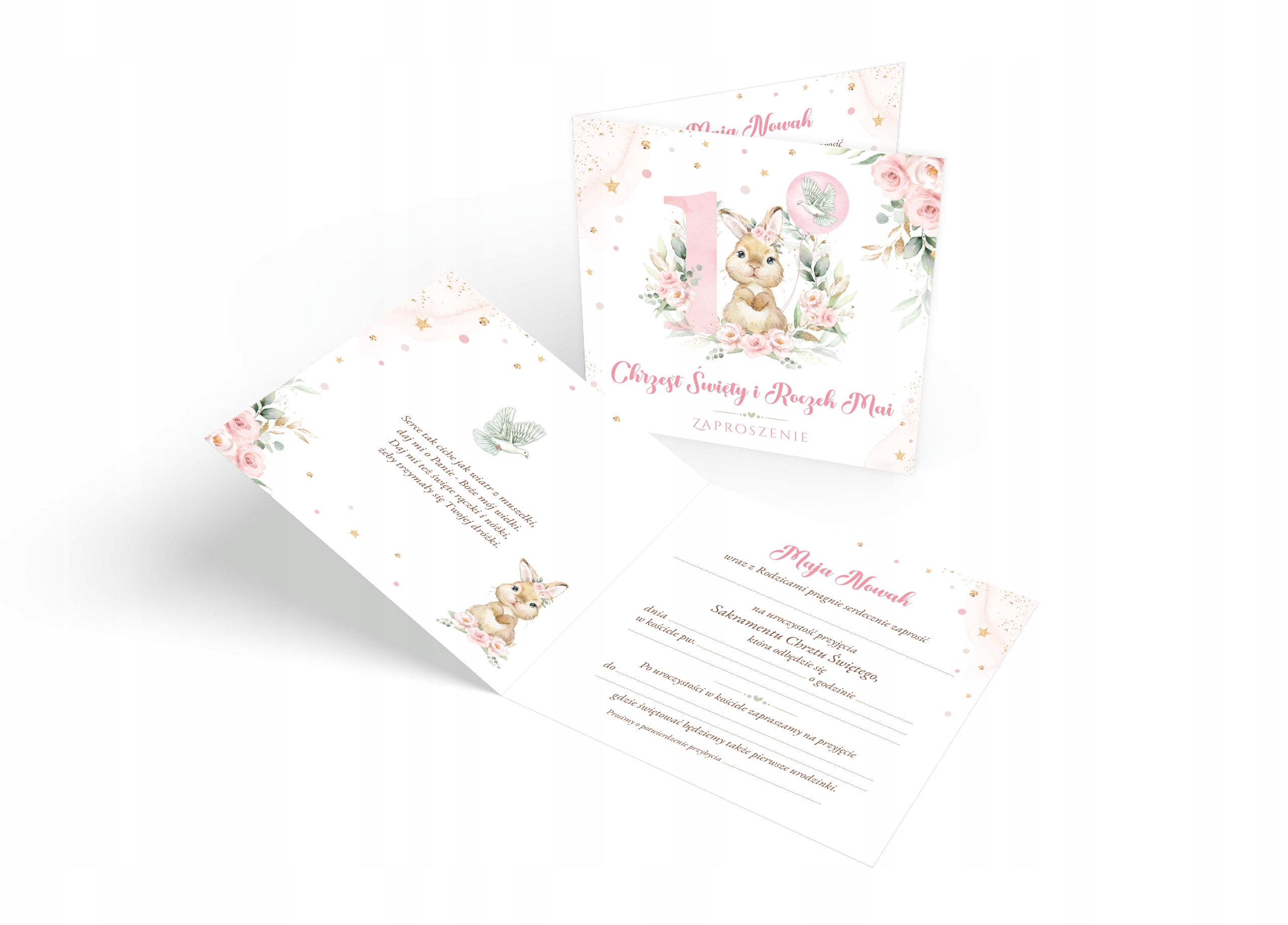 ZAPROSZENIA NA CHRZEST I ROCZEK SŁODKI KRÓLICZEK KOPERTA RÓŻOWA Szerokość produktu 14 cm