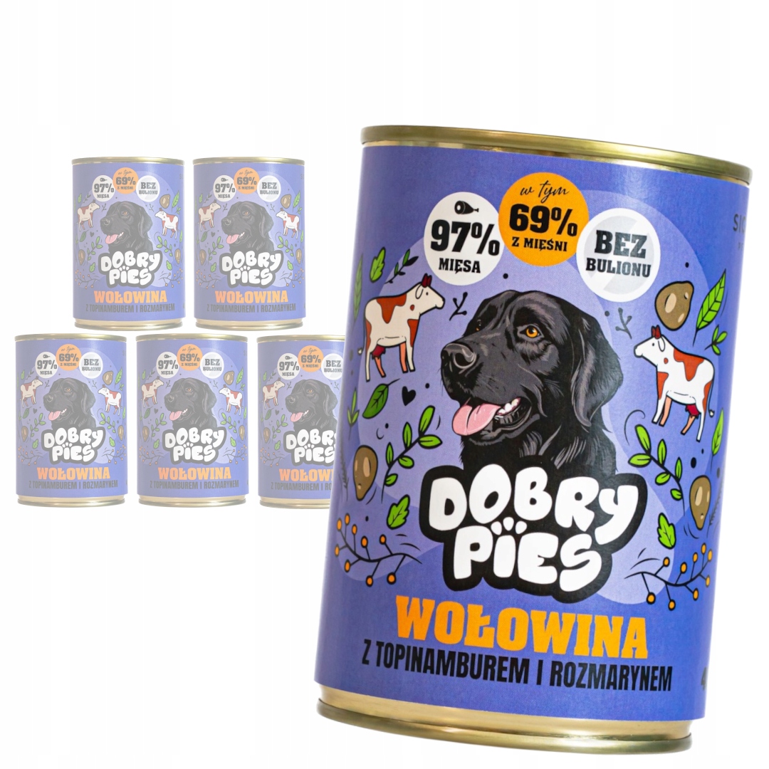 Levně Dobry Pies 6x400 g Vlhké Krmivo pro psy Hovězí maso Topinambur Rozmarýn