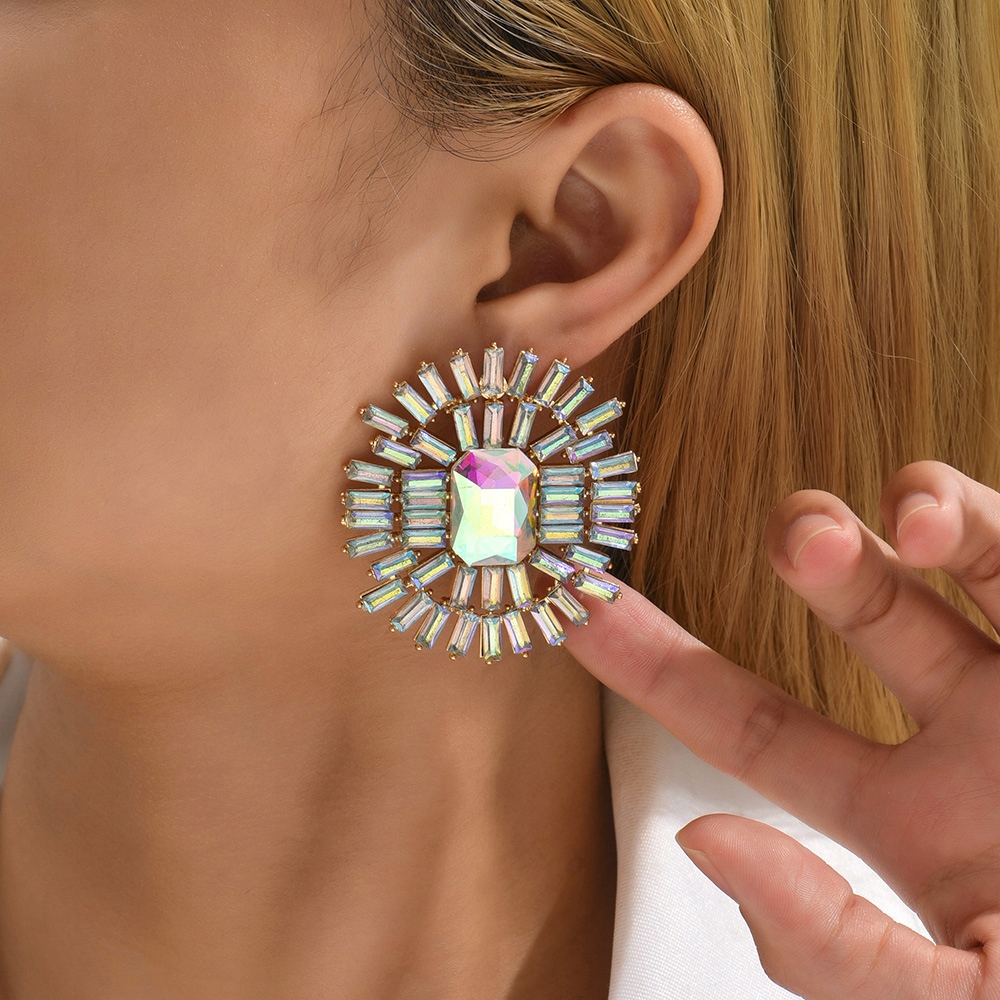 Kolczyki Sztyfty Kolor Złote Białe AB Eleganckie Słońca Cyrkonie Ślub 50mm