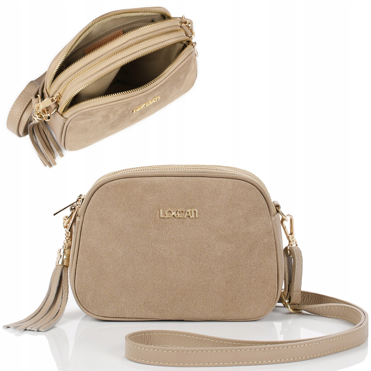 Skórzana damska mała torebka z naturalnej skóry i zamszu beżowa przez ramię