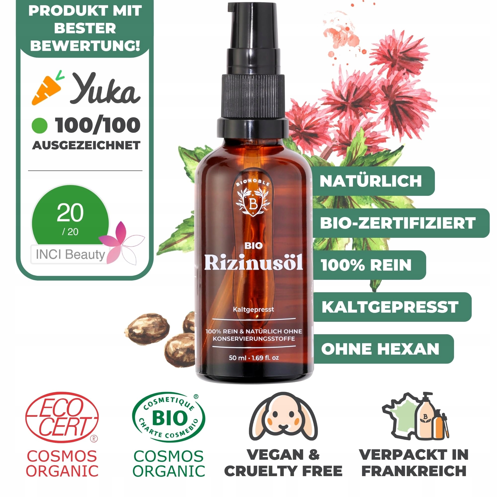 BIONOBLE Olej Rycynowy Bio 50ml Naturalny Do Włosów Rzęs Brwi Brody — miniatura 2