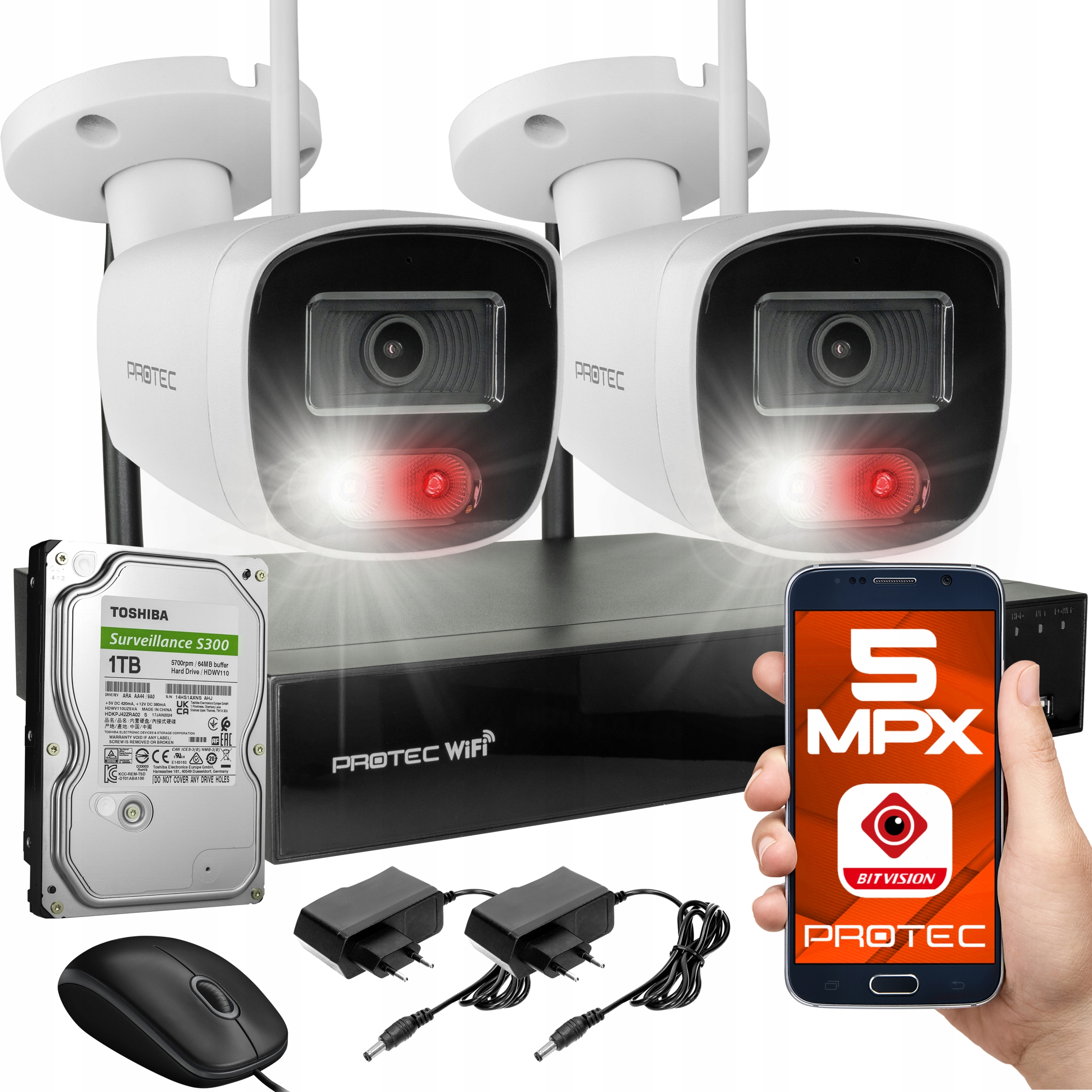 KOMPLETNY MONITORING 2 KAMERY 5Mpx WiFi światło białe IR audio DYSK 2TB