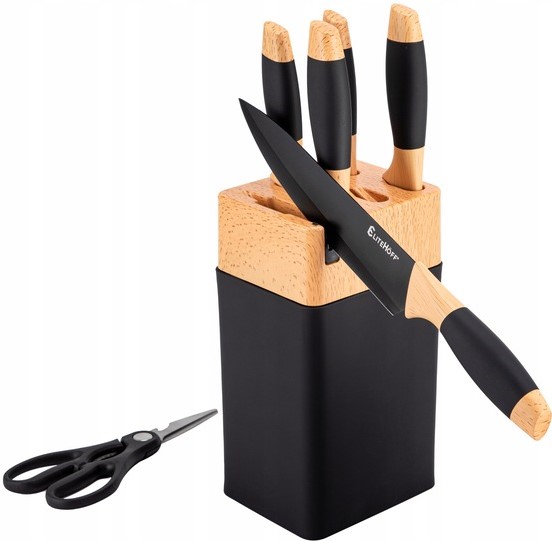 ZESTAW 5 NOŻY KUCHENNYCH W BLOKU STOJAK Z OSTRZAŁKĄ DO NOŻY + NOŻYCZKI Stan opakowania oryginalne
