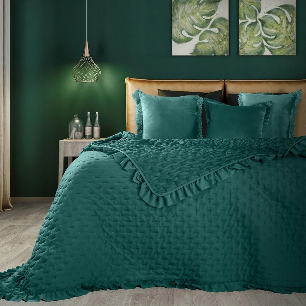 Přehoz na postel 170x210 cm tmavě tyrkysový s volánek Libi