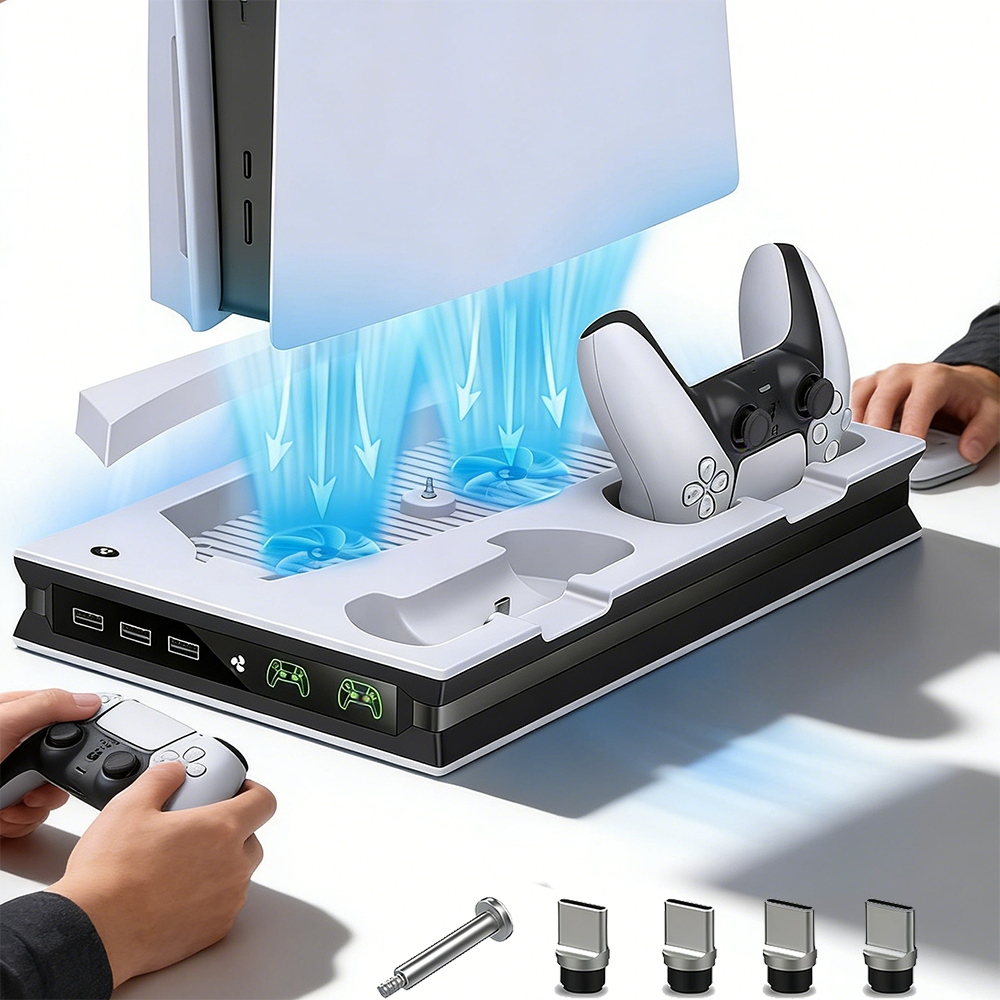 Stojak Chłodzący Do PS5 Z Podwójnymi Wentylatorami I Ładowarką Padów