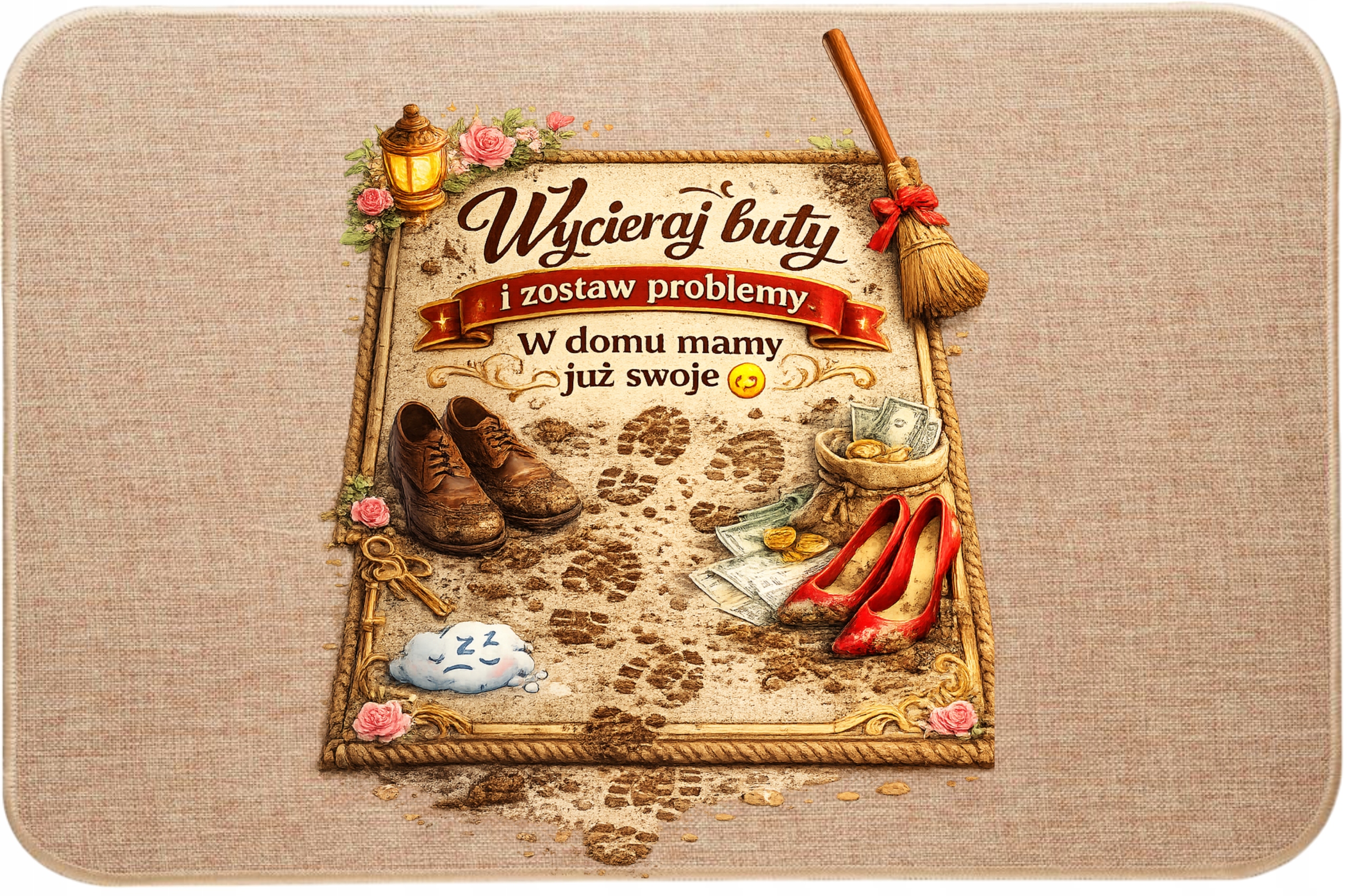 Lněná rohožka před dveřmi Otřete si boty a nechte problémy v domě maminky