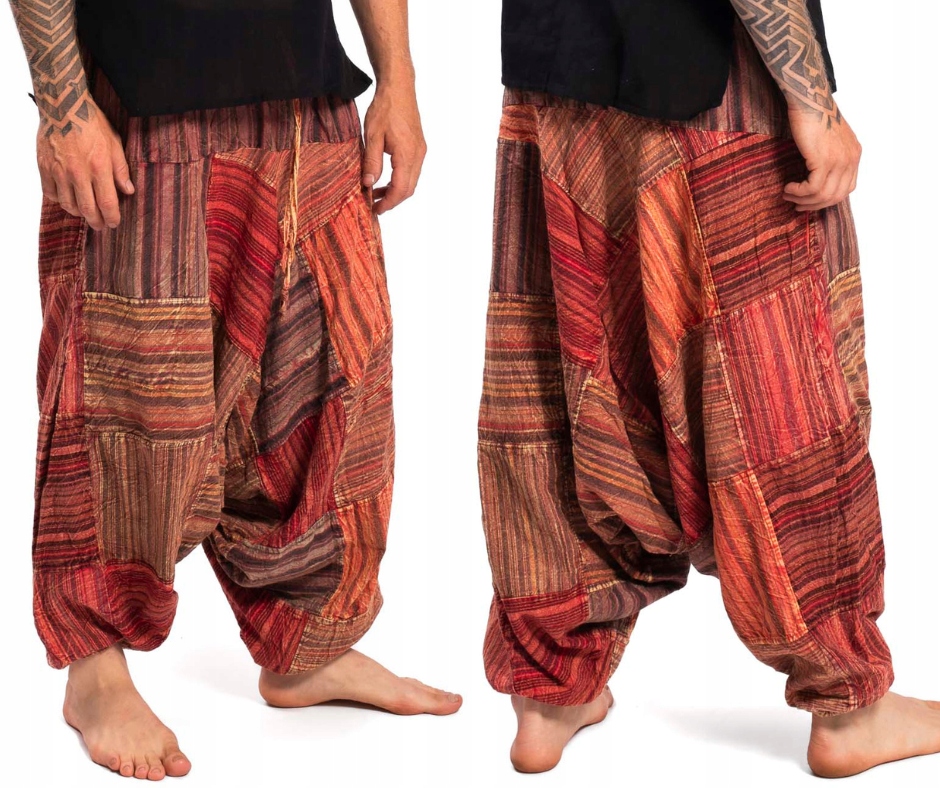 Alladynky kalhoty harémky šedé pánské kalhoty se sníženým rozkrokem patchworkové