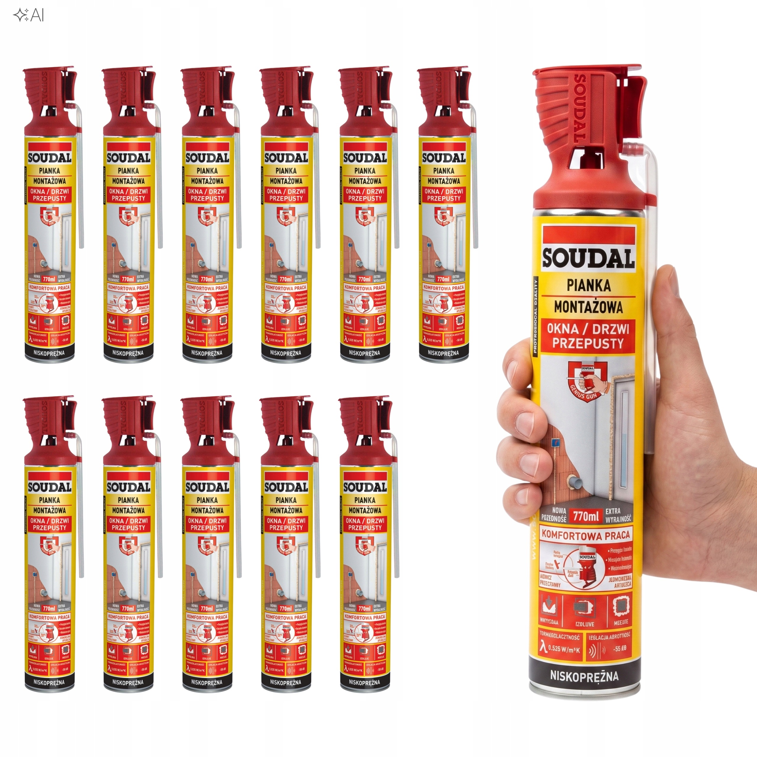 Nízkotlaká montážní pěna Soudal polyuretanová pro okna dveří 770 ml 12 ks