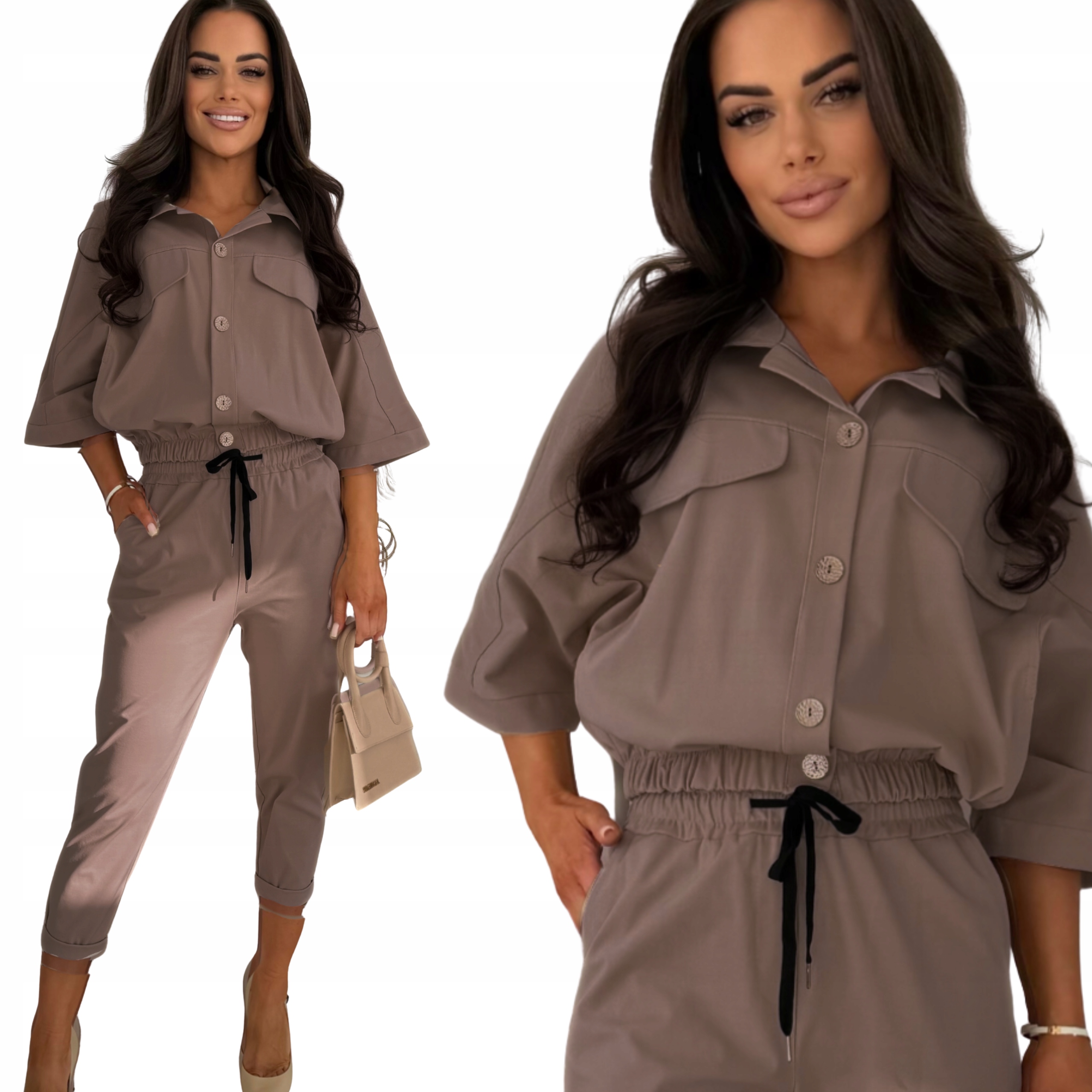 Garnitur Komplet Kobiecy Damski Spodnie Koszula Bawełn Wiskoz Mokka 3083