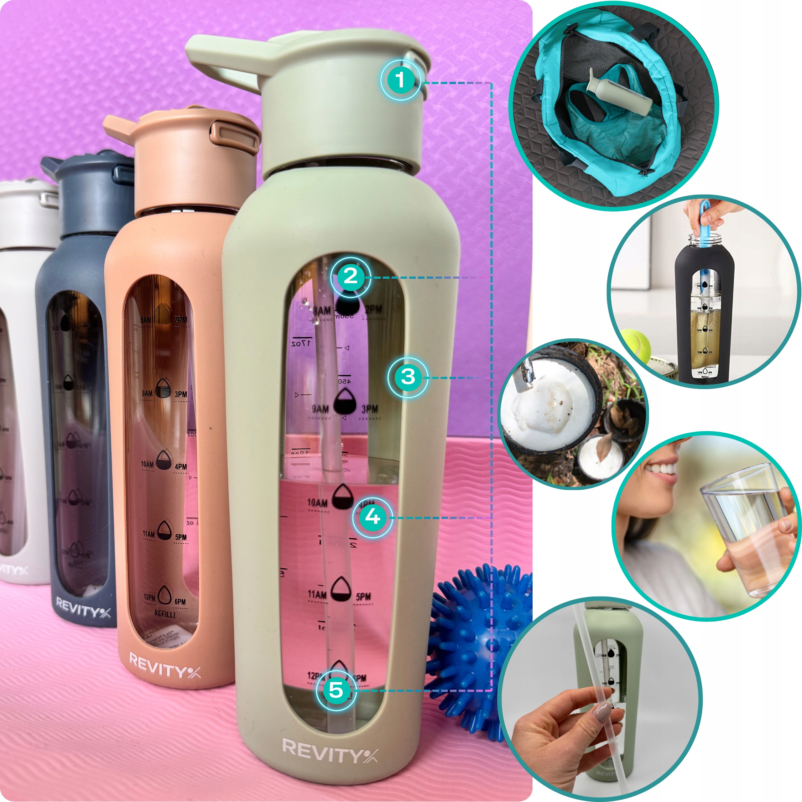 SZKLANA BUTELKA NA WODĘ BIDON SHAKER Z MIARKĄ I DZIUBKIEM SILIKONOWE ETUI Pojemność 700 ml