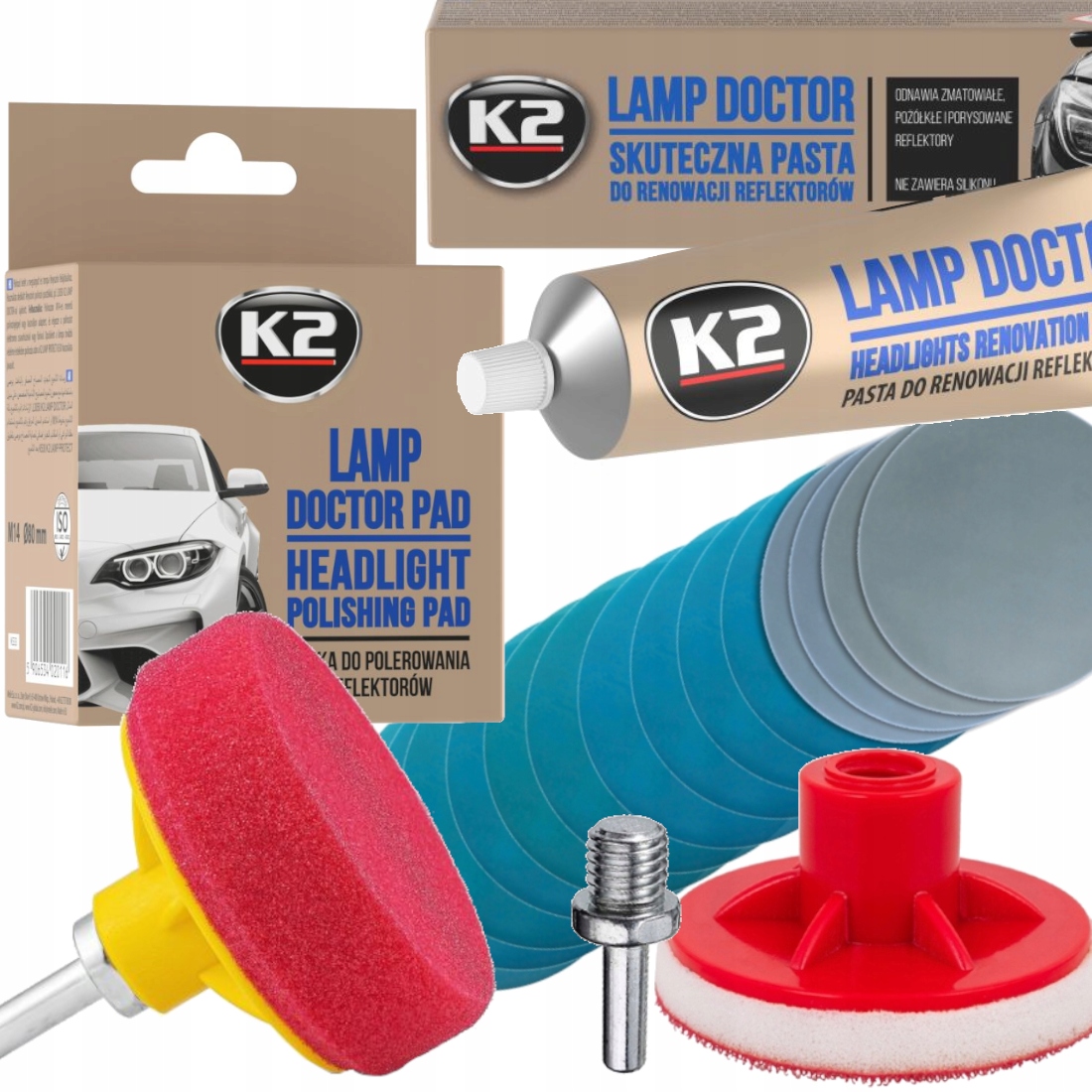 Zestaw do polerowania lamp, pasta i gąbka k2, papier ścierny Mds