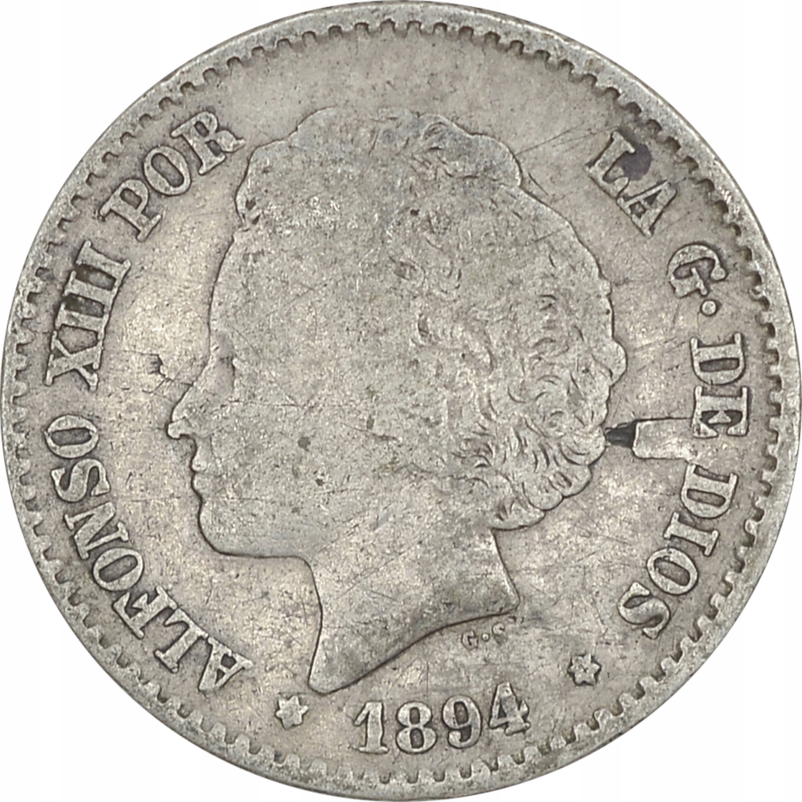 5.HISZPANIA, ALFONS XIII, 50 CENTIMOS 1894 PG V
