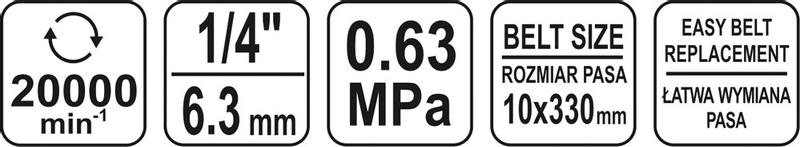 YATO SZLIFIERKA TAŚMOWA PNEUMATYCZNA 10x330 Ciśnienie robocze 6.3 bar