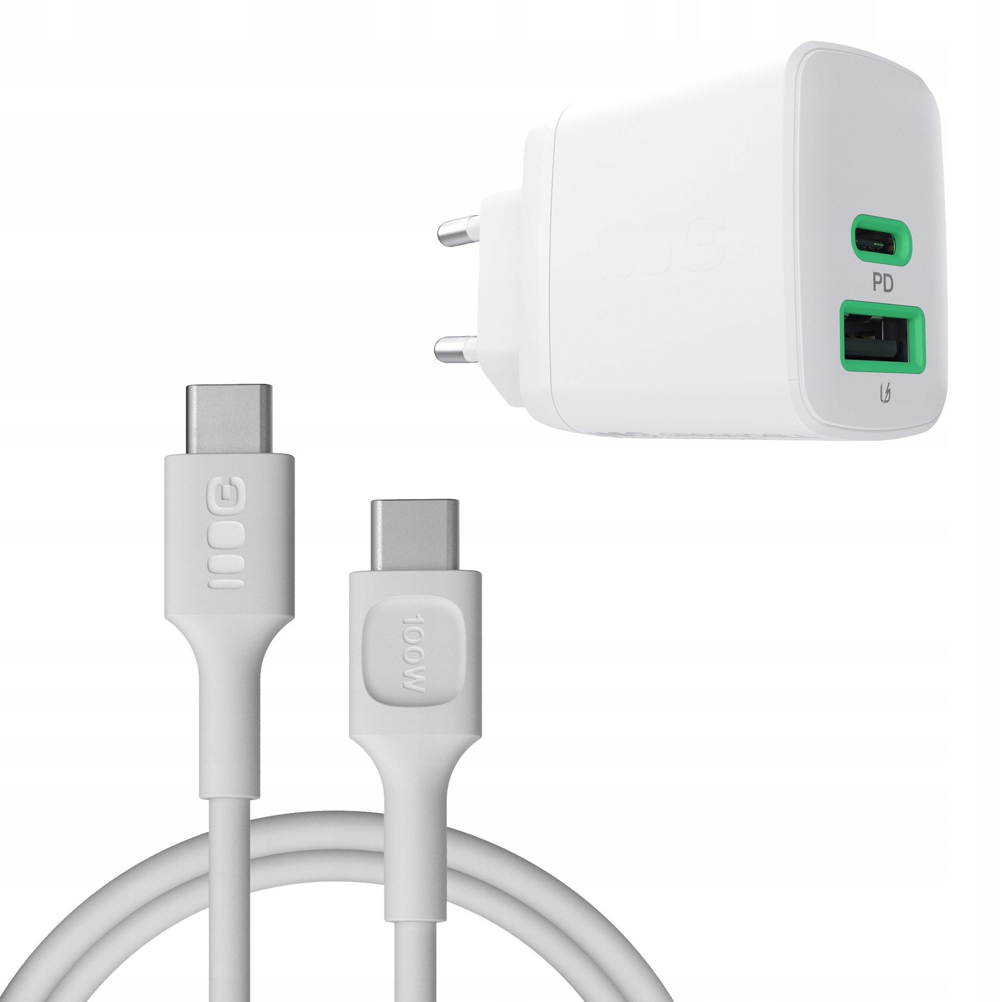 Ładowarka sieciowa 30W Usb-c Usb-a Pd Qc 3.0 Kabel Usb-c 1.2 m 100W biały