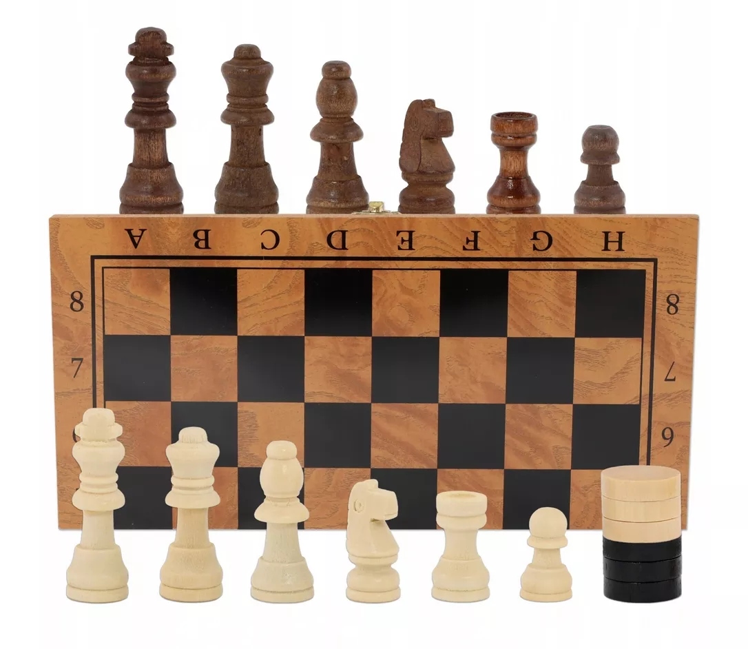 Szachy drewniane klasyczne duże 3w1 warcaby tryktrak 34x34cm gra planszowa