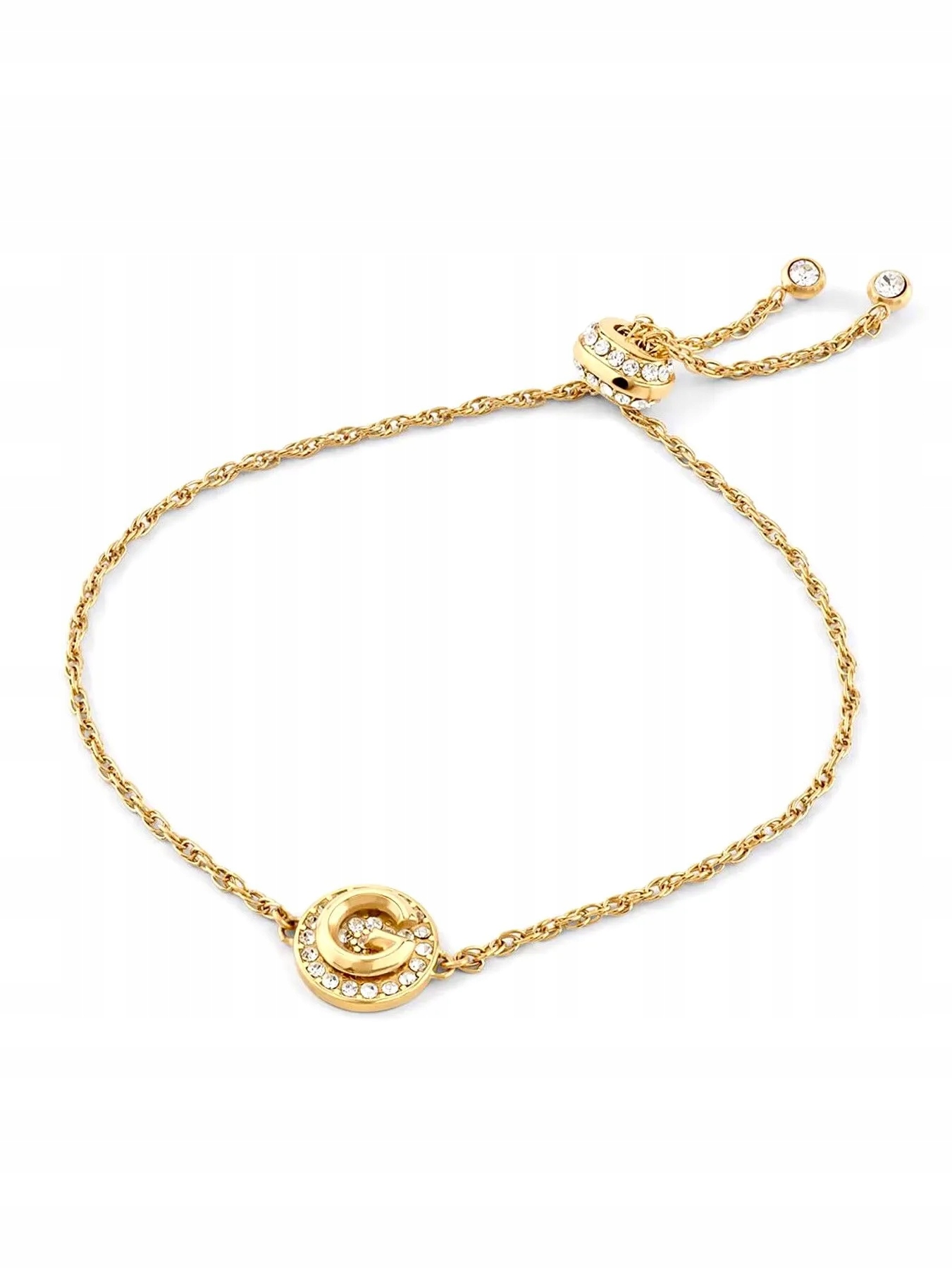Zlatý náramek Guess G Crystal s písmenem G a krystaly JUBB05447JW