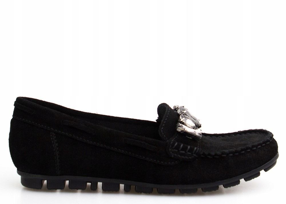 Černé Kožené Mokasíny Zirkony Ozdoby 38
