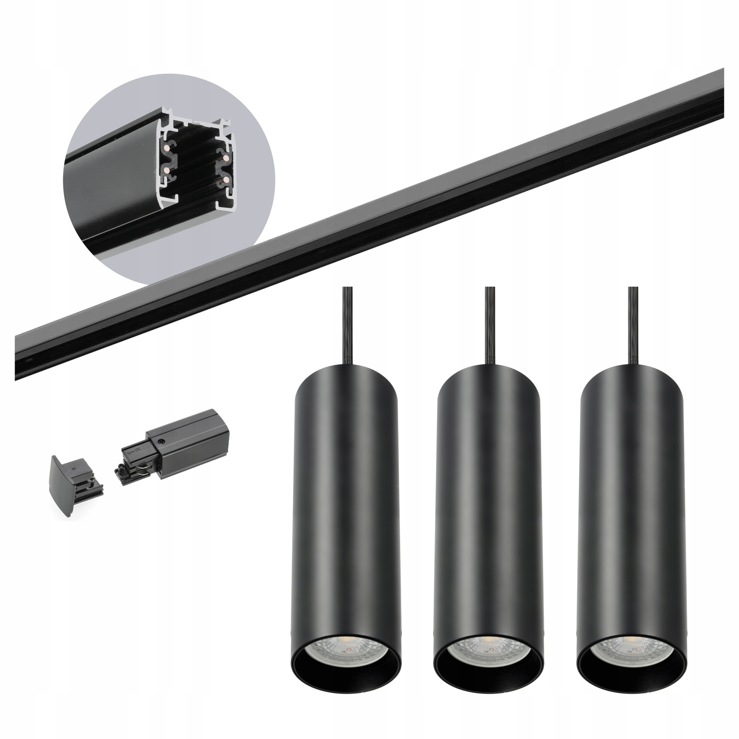 Sada kolejnic 3 fázových kolejnic 2 m, Napájení 3x Závěsná lampa Černá