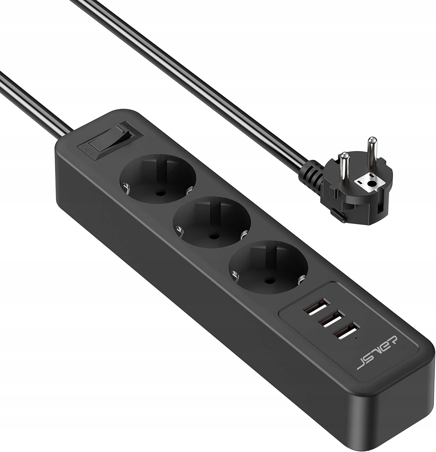 Jsver Listwa zasilająca 3x230V 3xUSB 2m 3680W z ochroną – Czarna