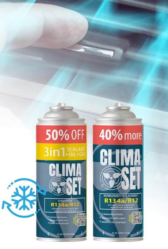 CZYNNIK CLIMASET 3W1 + 4X GAZ R134A DO KLIMATYZACJI Z PRZEWODEM I ADAPTEREM Pojemność butli 2.15 l