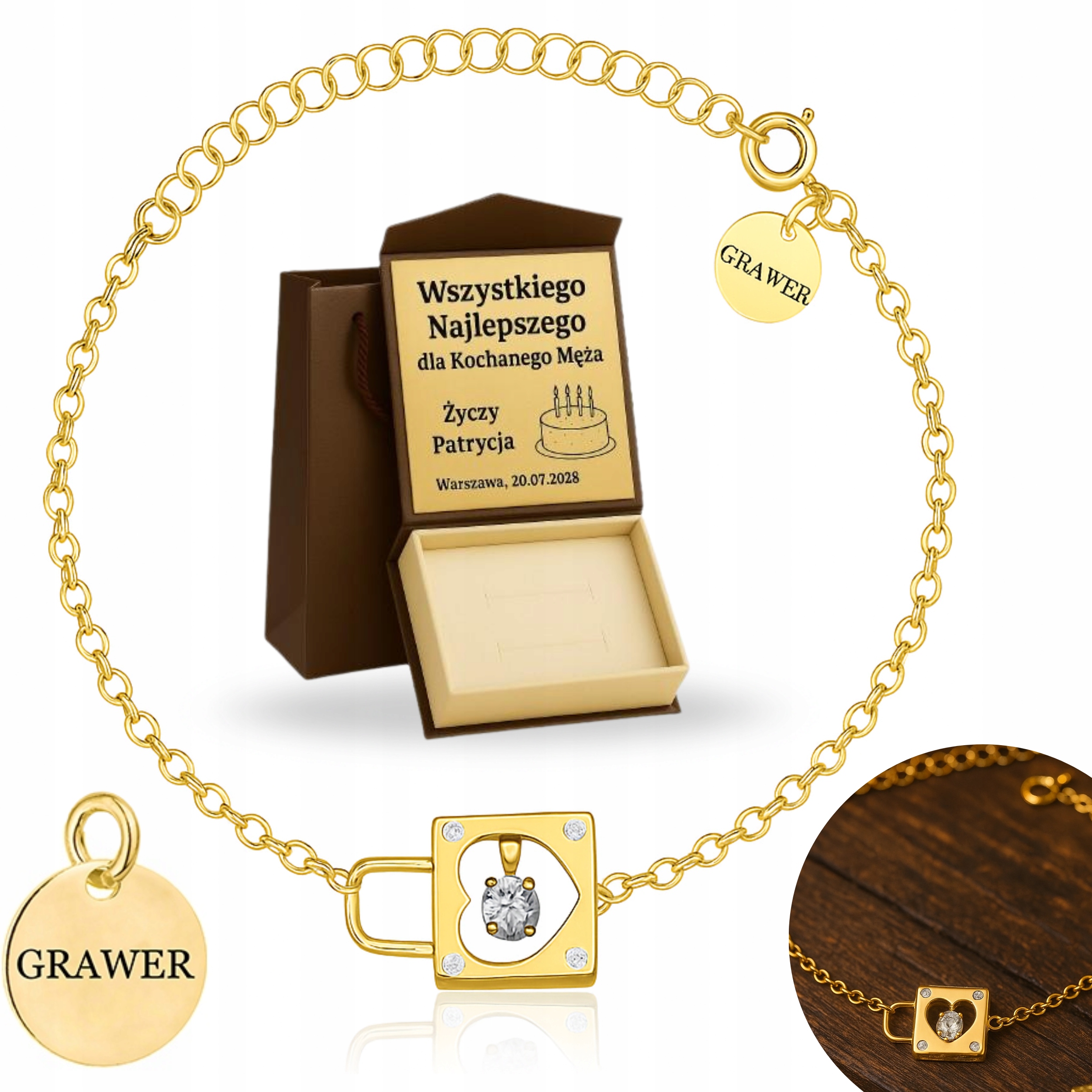 Zlatý Dámský Náramek Ankier 585 925 Gravírování Visací Zámek Dárek Pro Ni