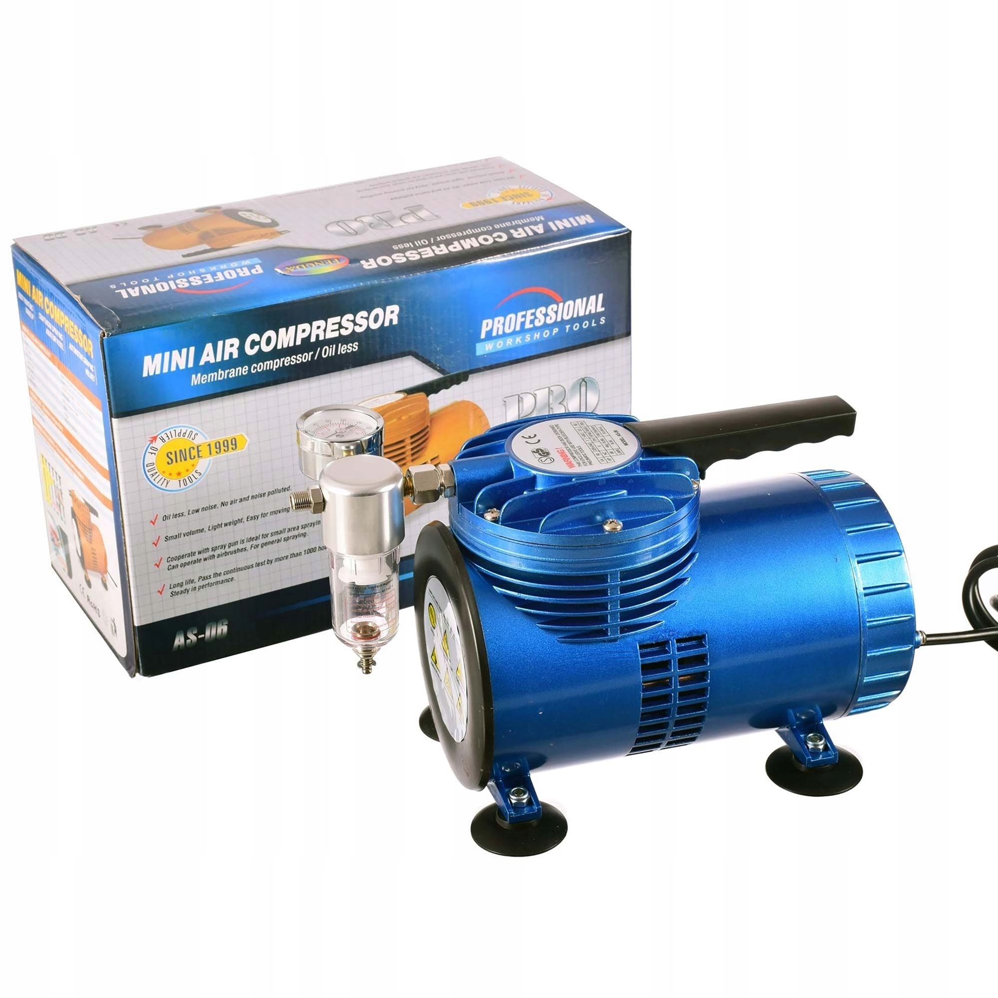 Membránový kompresor AS06-1 pro airbrush odolný výkonný 68L/min Filtr