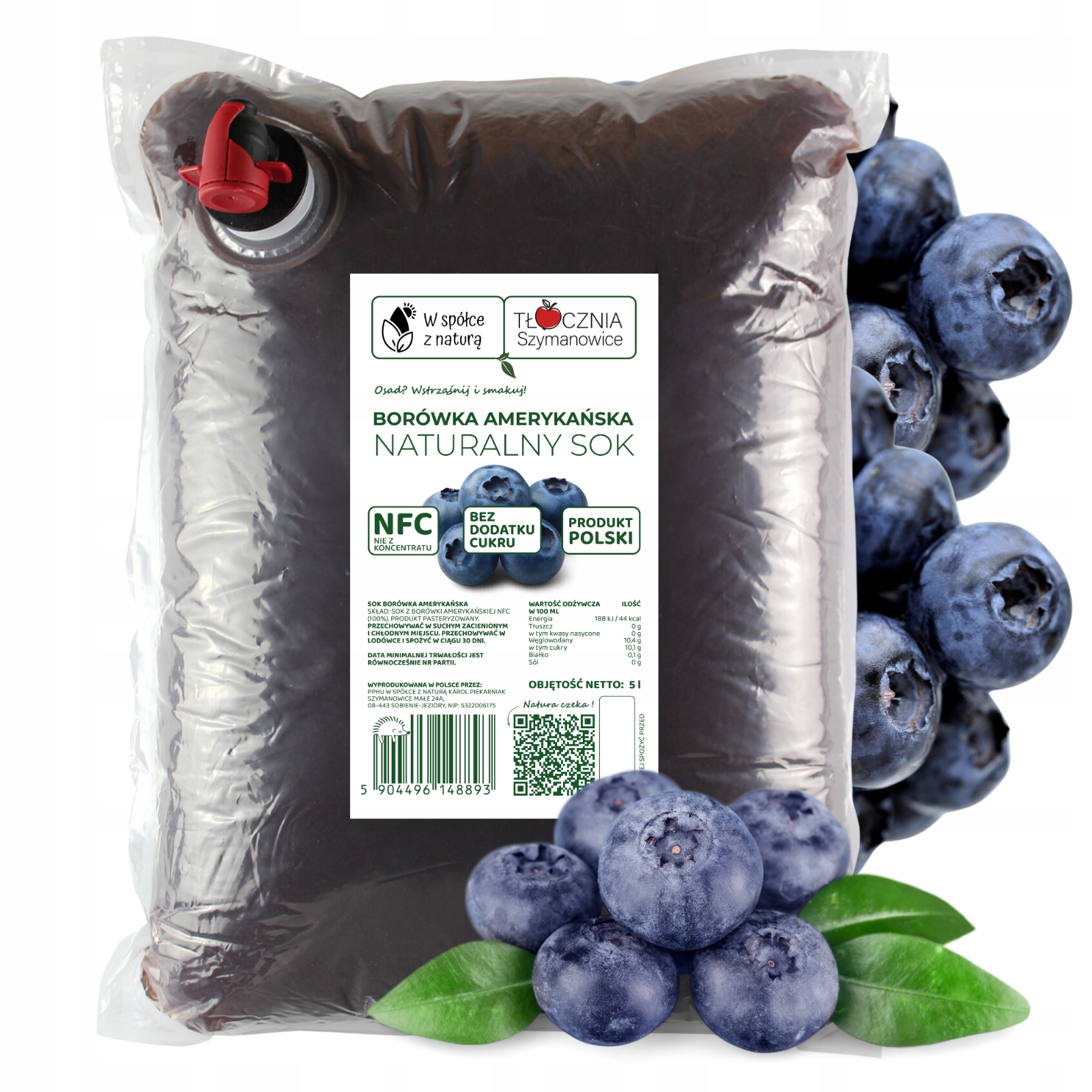 Sok z Borówki Amerykańskiej Tłoczony 100% Soku Nfc Borówka 5 L Bez Cukru