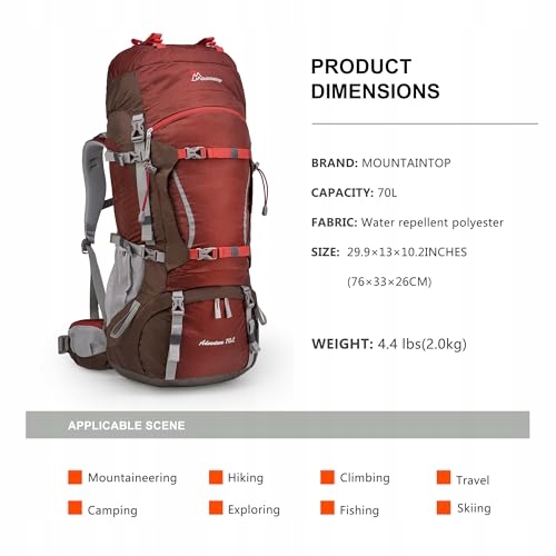 MOUNTAINTOP Plecak Trekkingowy 70L Wewnętrzny Stelaż Camping Czerwony — miniatura 3