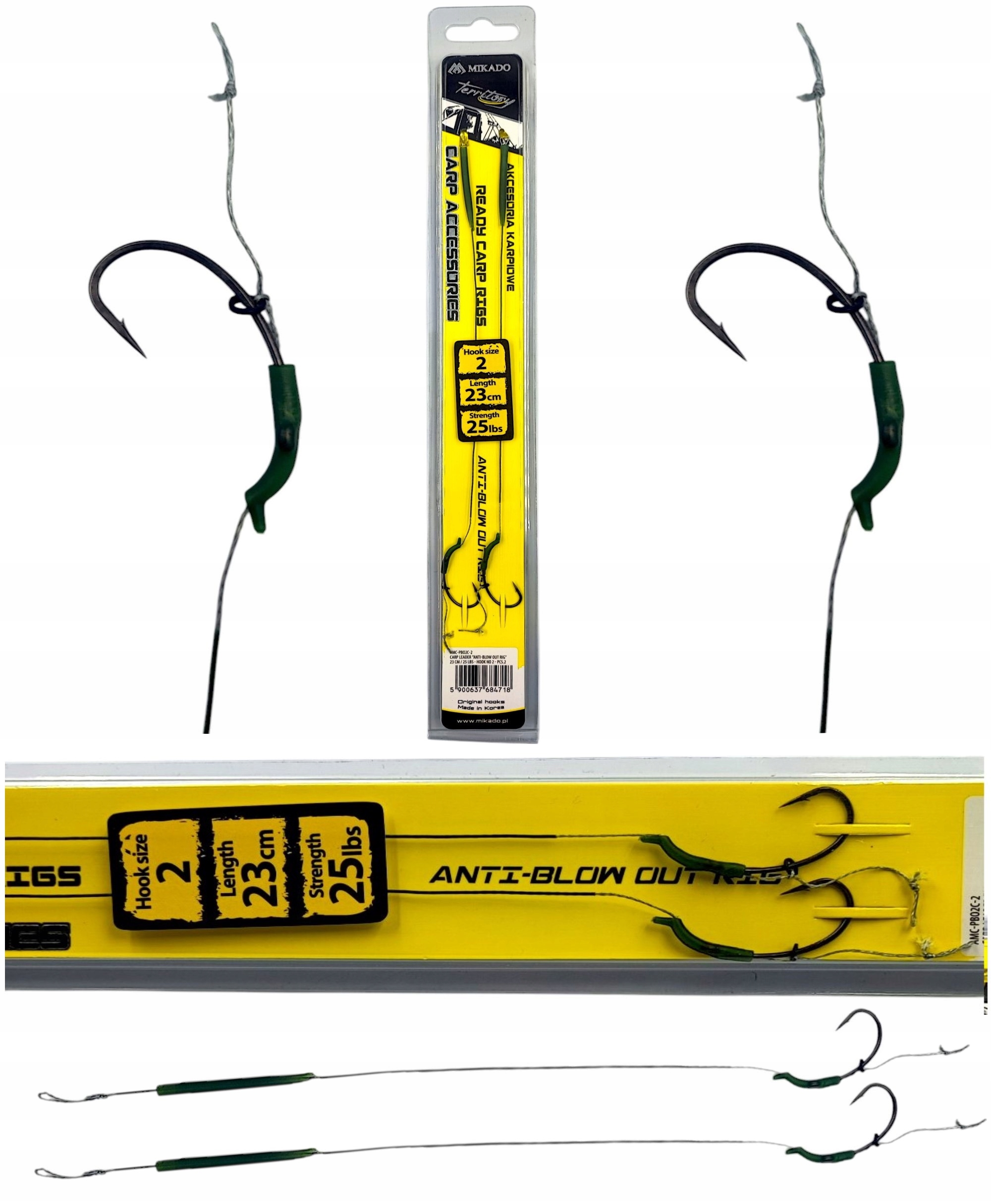 Przypony karpiowe hak nr4 25lbs 23cm Anti Blow Out plecionka w otulinie