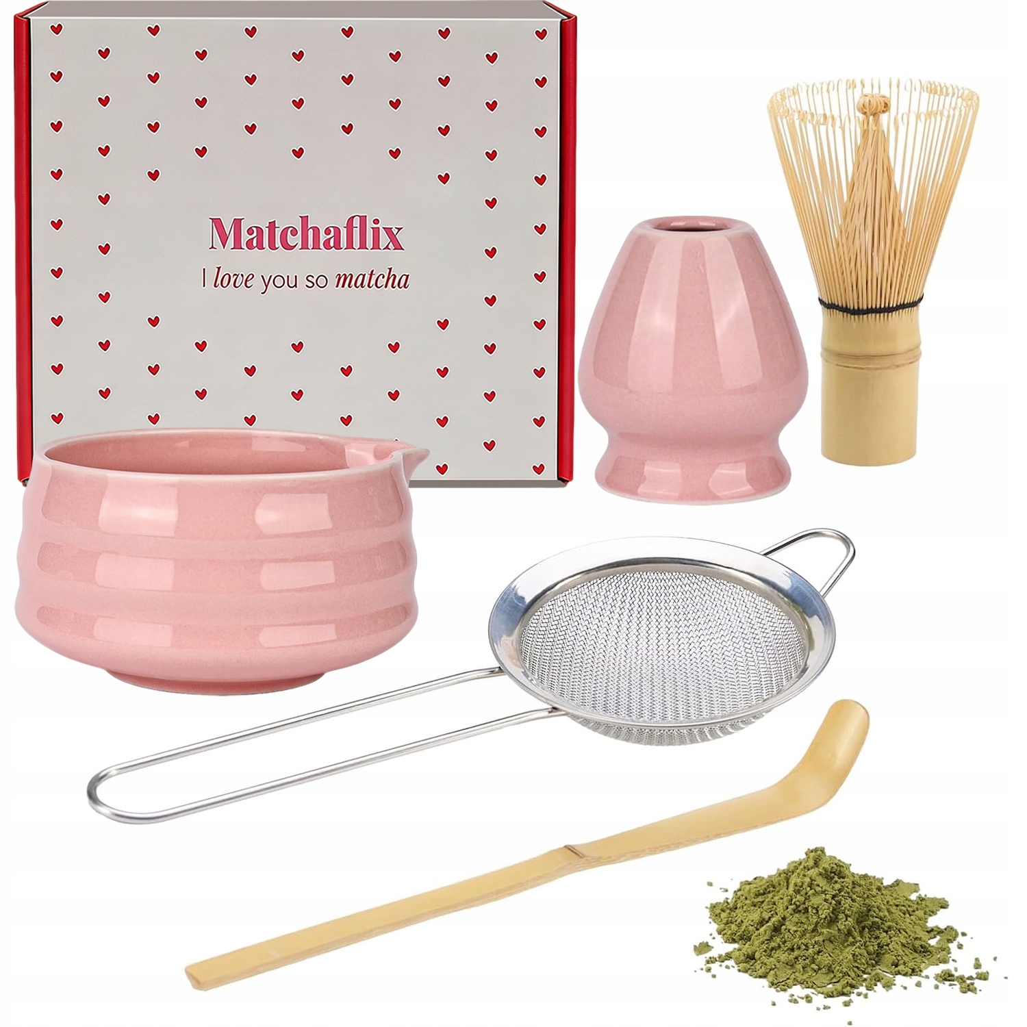 Akcesoria pro výrobu Matchy, sada pro Matcha s keramickou miskou Růžová