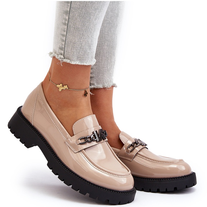 MOKASYNY DAMSKIE VINCEZA NA PŁASKIM OBCASIE Z OZDOBĄ BEŻOWE LAKIEROWANE 38 Oryginalne opakowanie producenta pudełko