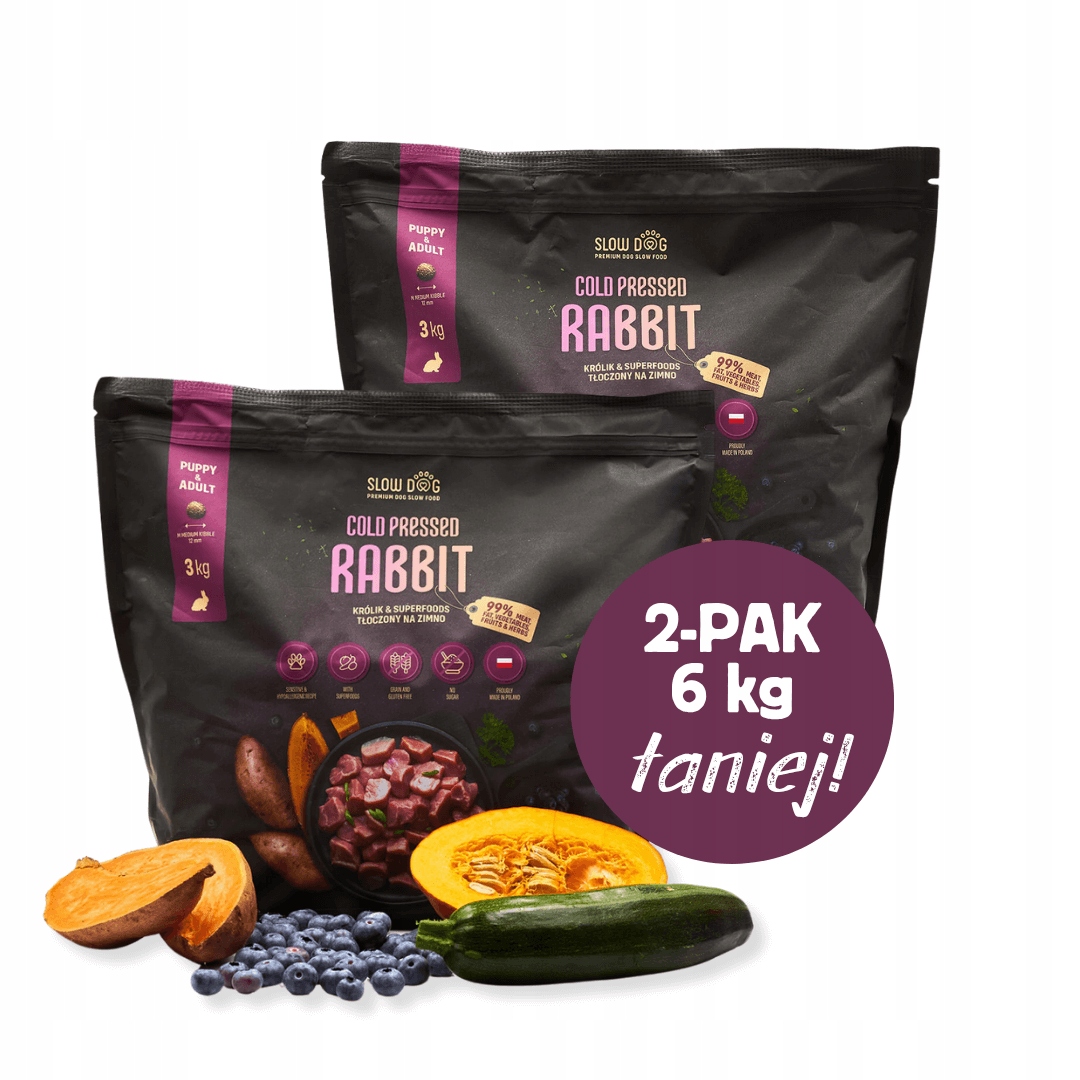 Karma tłoczona na zimno Slow Dog Rabbit Królik & Superfoods 2x3kg (2pak)