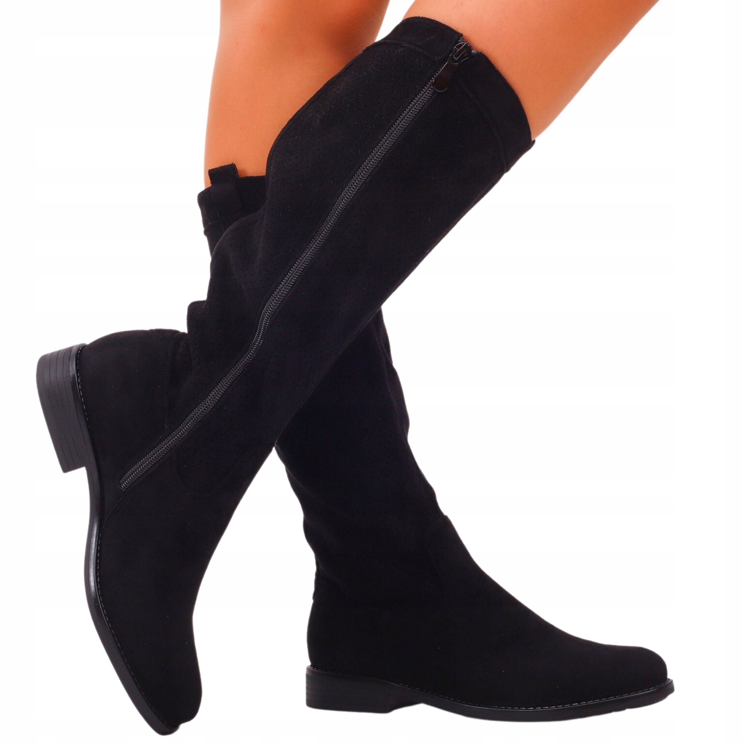 Czarne Kozaki Damskie Buty Klasyczne Ażurowe