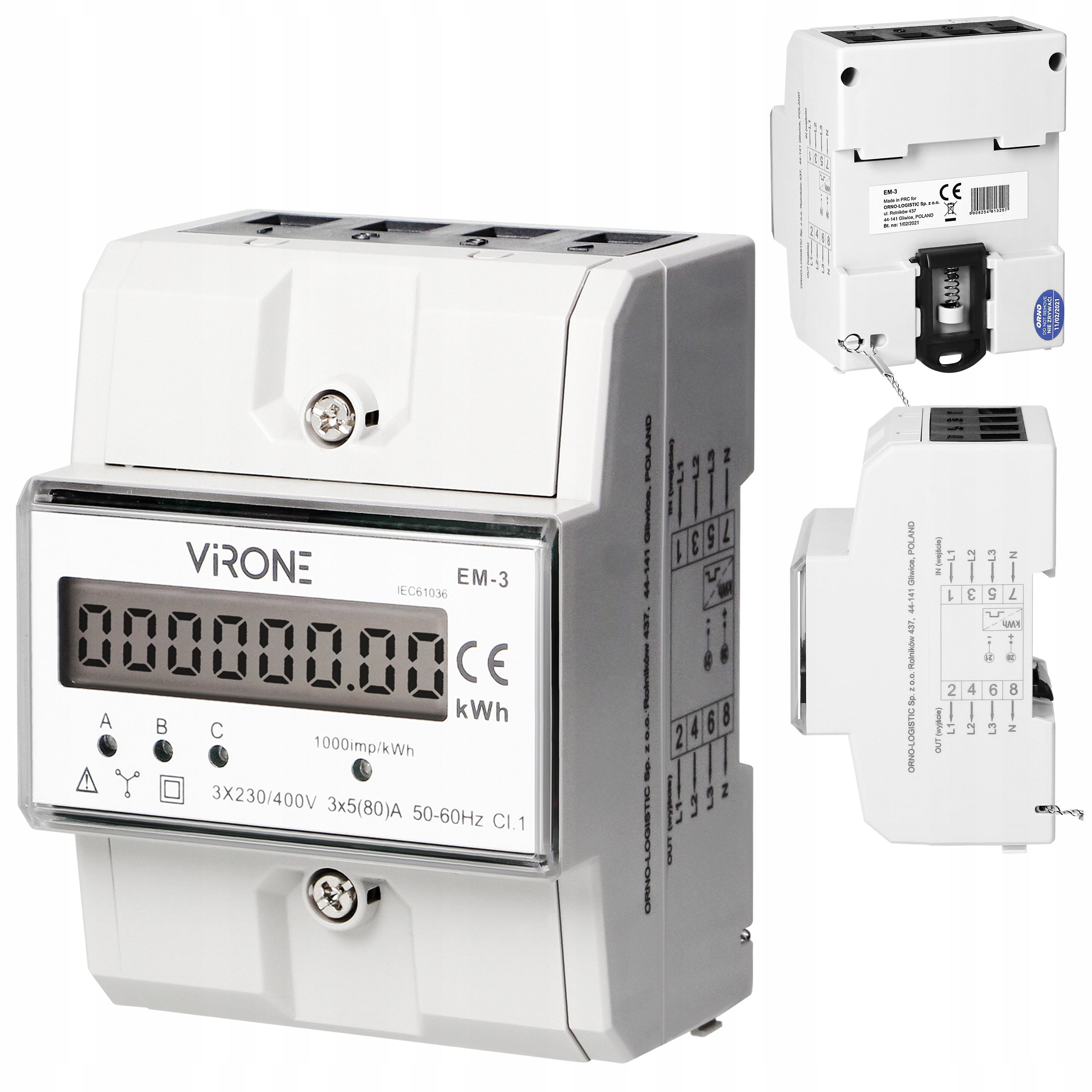 3-fázový počítadlo indikátor spotřeby elektrické energie 80A 4,3 Din TH-35 mm