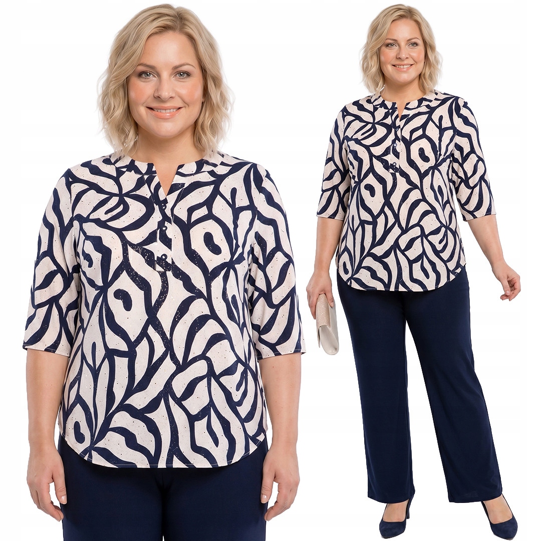 Béžová halenka s modrým vzorem a částečkami plus size velikost 58