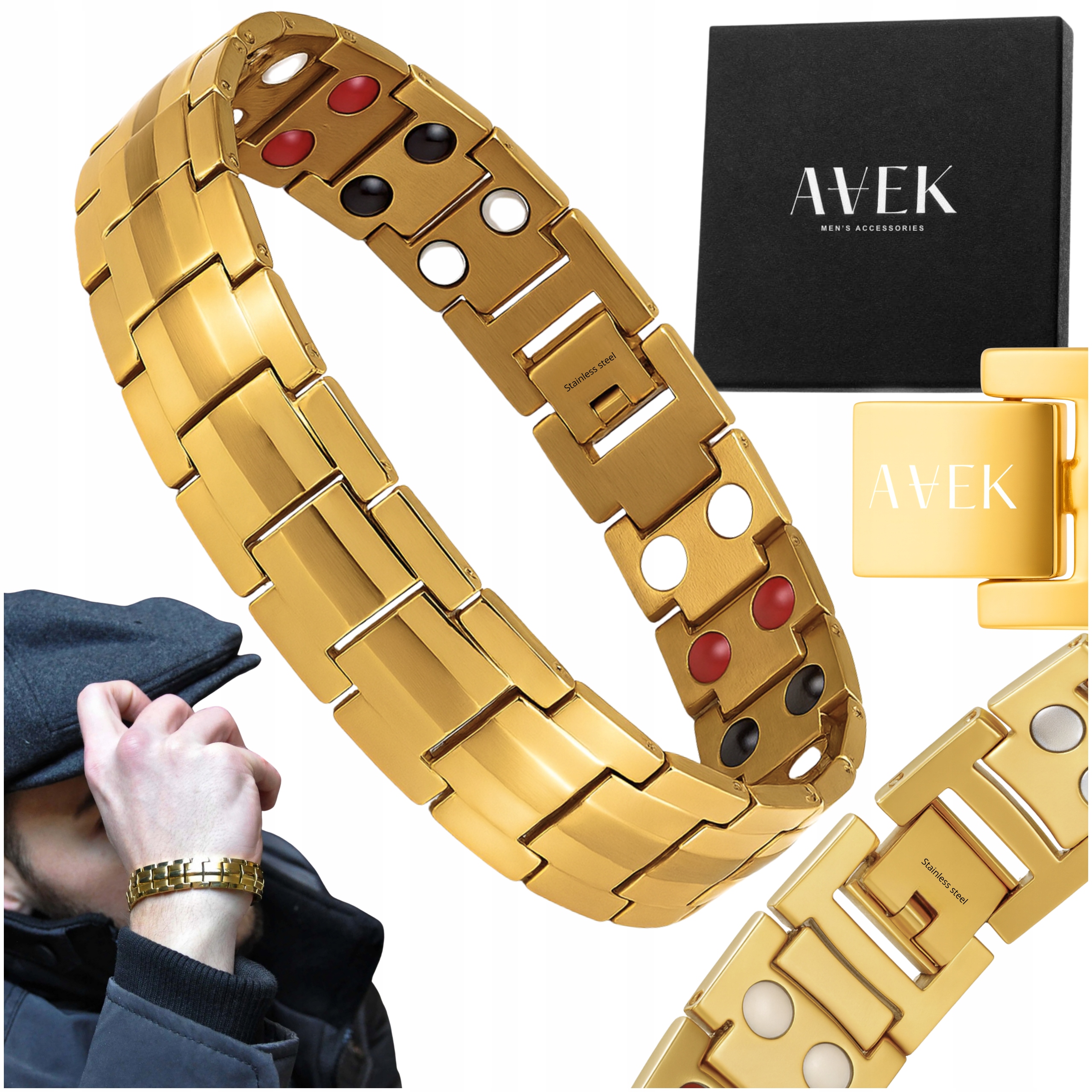 Pánský Ocelový Magnetický Zlatý Pánský Náramek Pro Dárek Jako Dárek 18 CM Avek